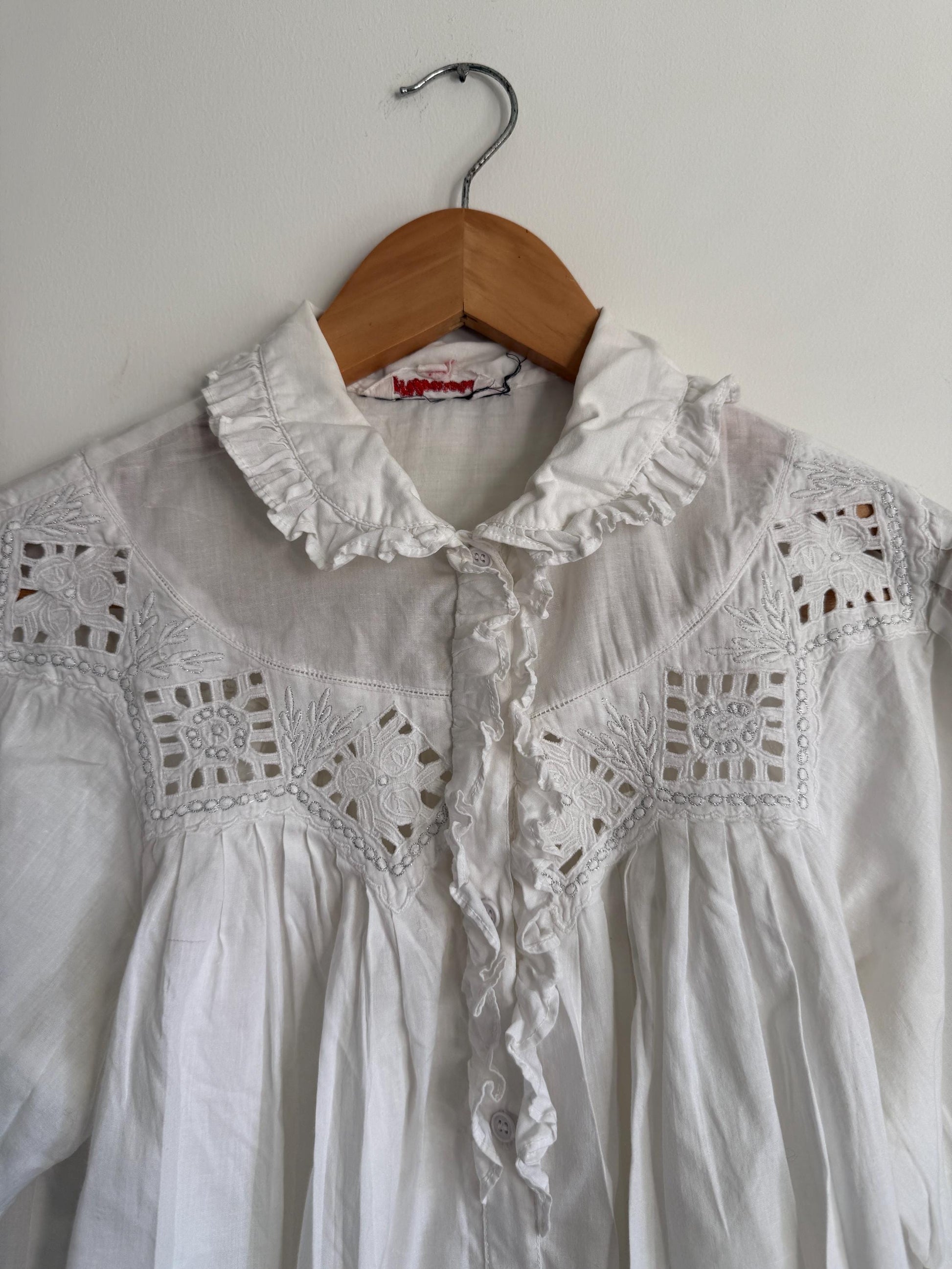 Vintage White Cotton Victorian Blouse High Neck Lace Blouse Prairie Cottagecore Edwardian Style Puff Sleeve Romantic Top