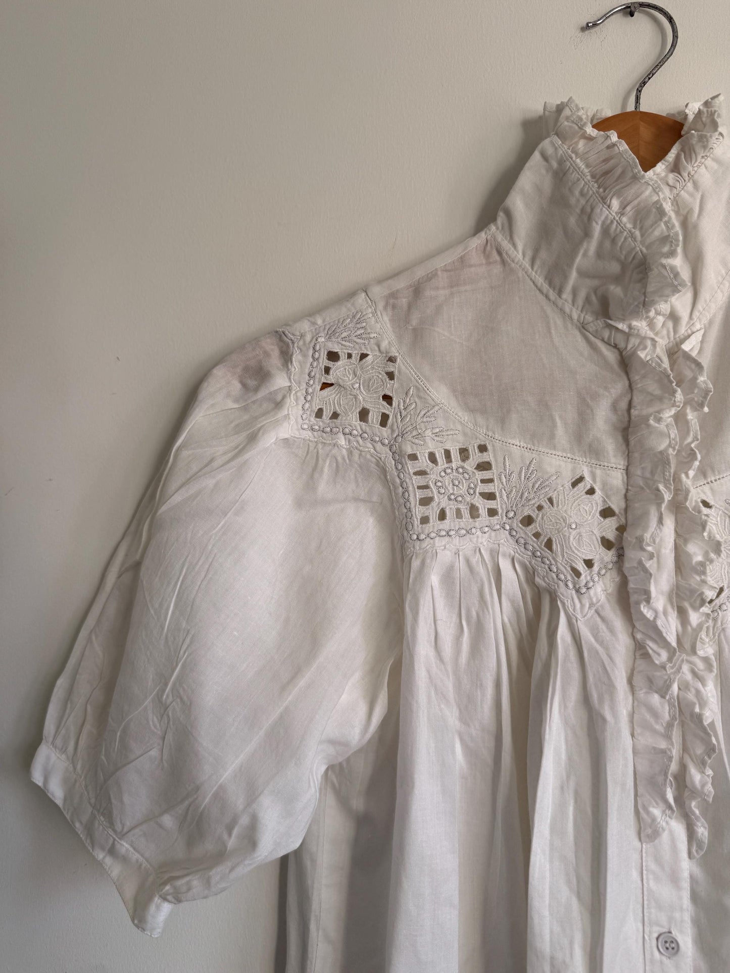 Vintage White Cotton Victorian Blouse High Neck Lace Blouse Prairie Cottagecore Edwardian Style Puff Sleeve Romantic Top