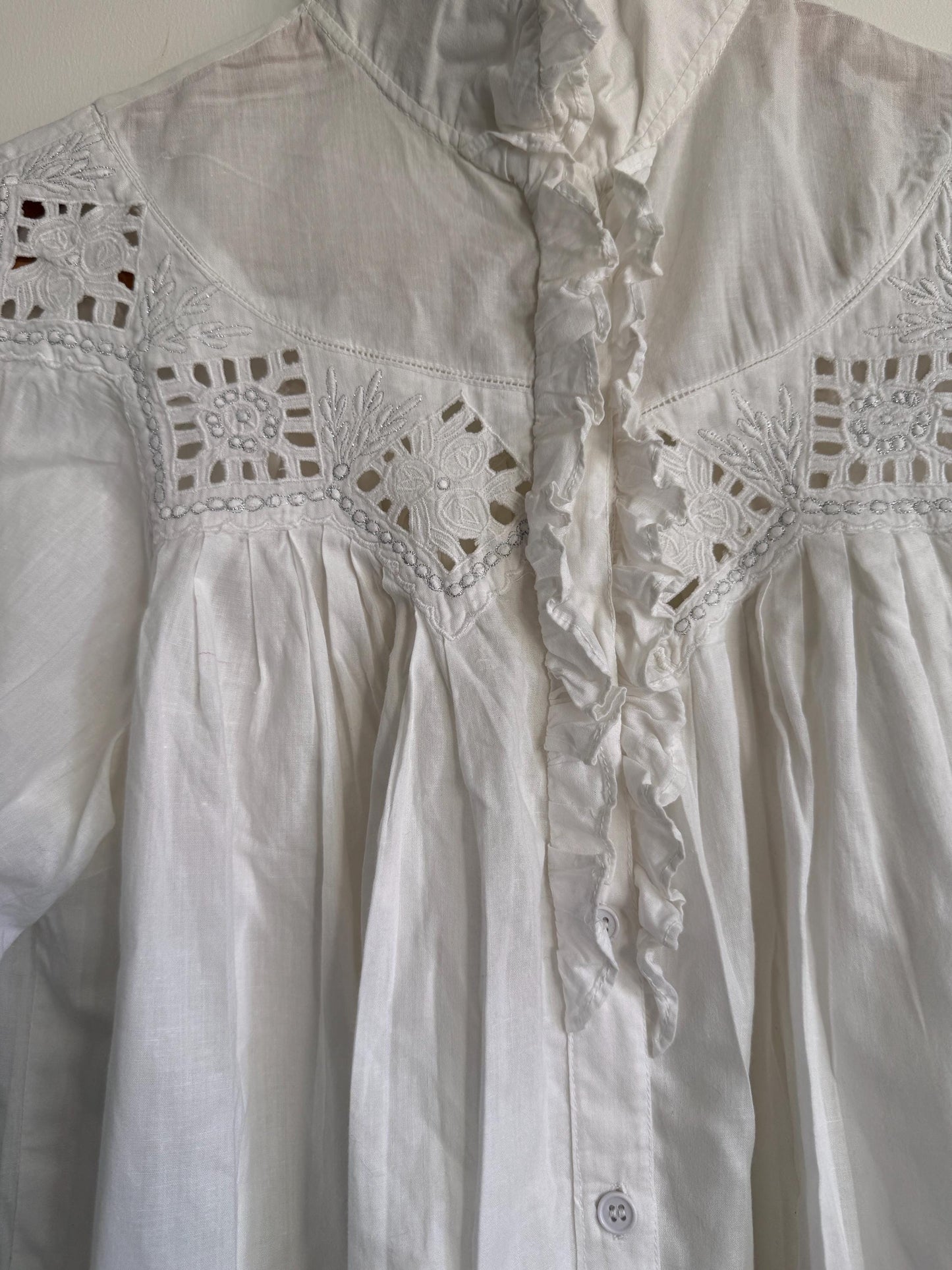 Vintage White Cotton Victorian Blouse High Neck Lace Blouse Prairie Cottagecore Edwardian Style Puff Sleeve Romantic Top