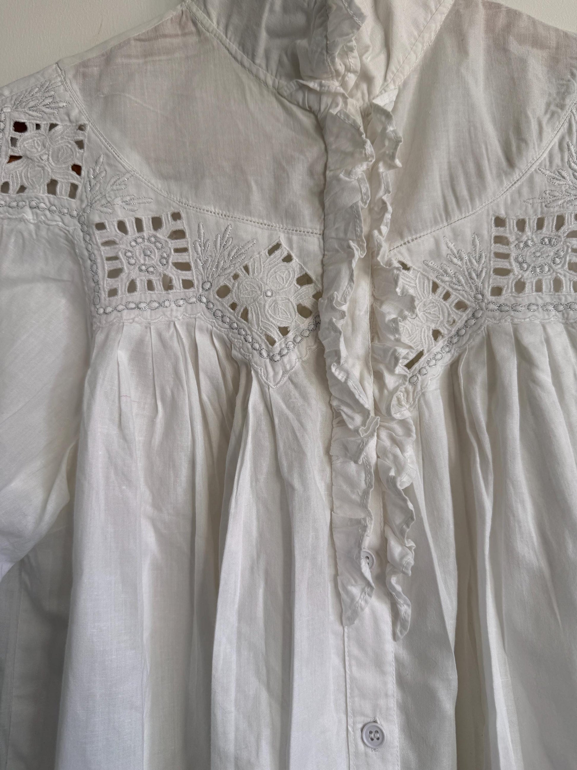 Vintage White Cotton Victorian Blouse High Neck Lace Blouse Prairie Cottagecore Edwardian Style Puff Sleeve Romantic Top