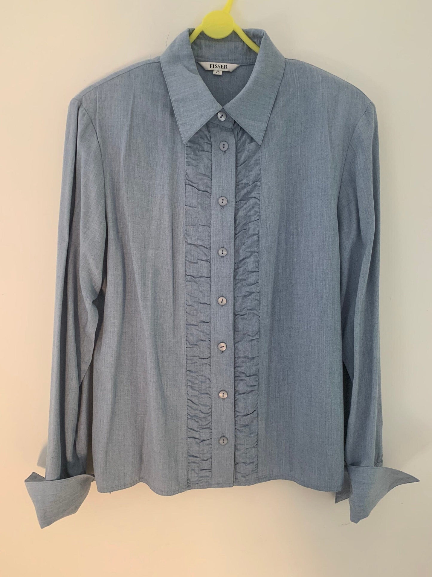 Blue Vintage Frilly Blouse Button Through Boxy long Sleeves - Size 14 - Double Cuff
