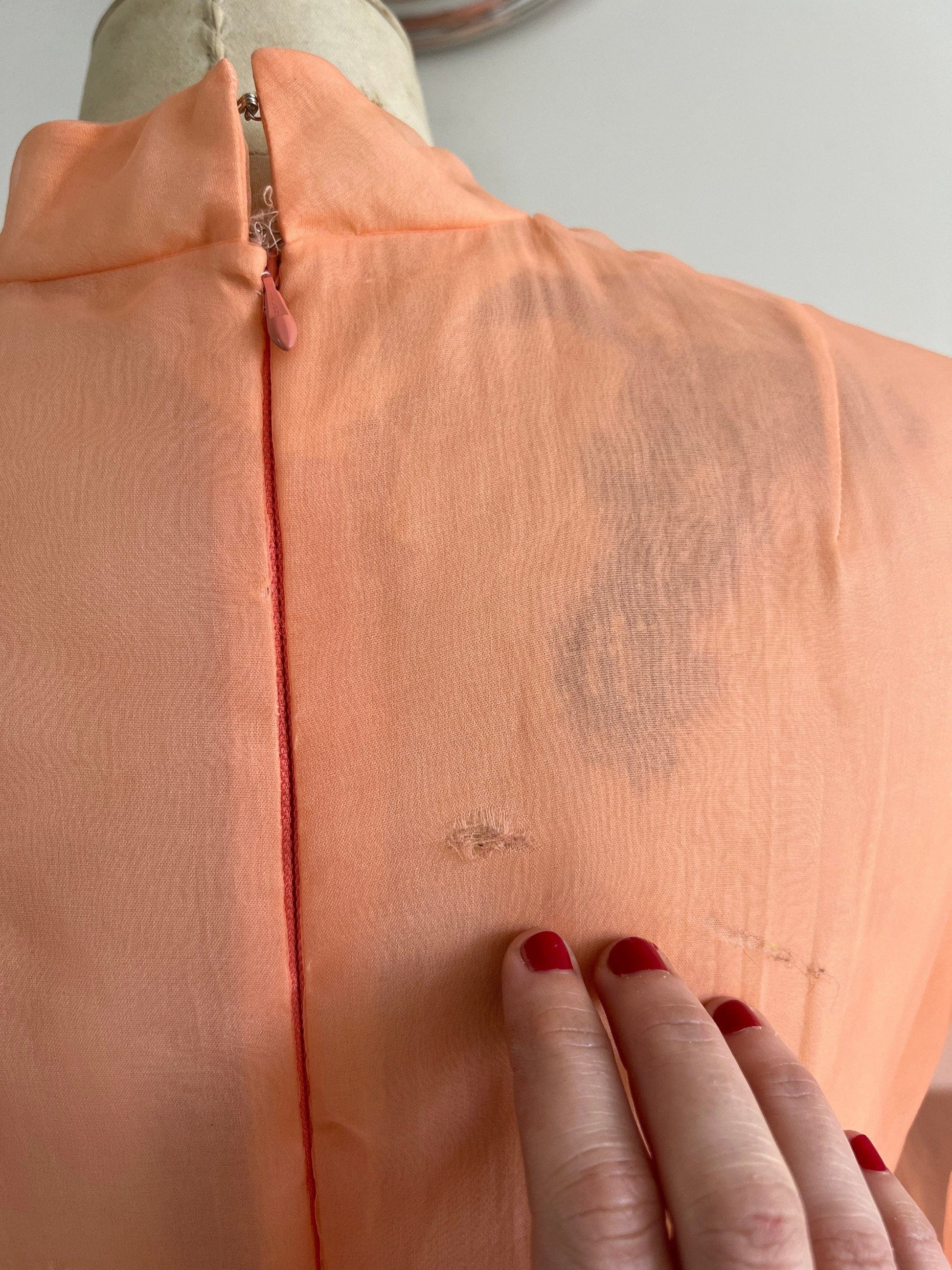 Chiffon Peach Maxi Dress Chiffon Sleeves Dress with Brocade Floral Skirt - some minor holes