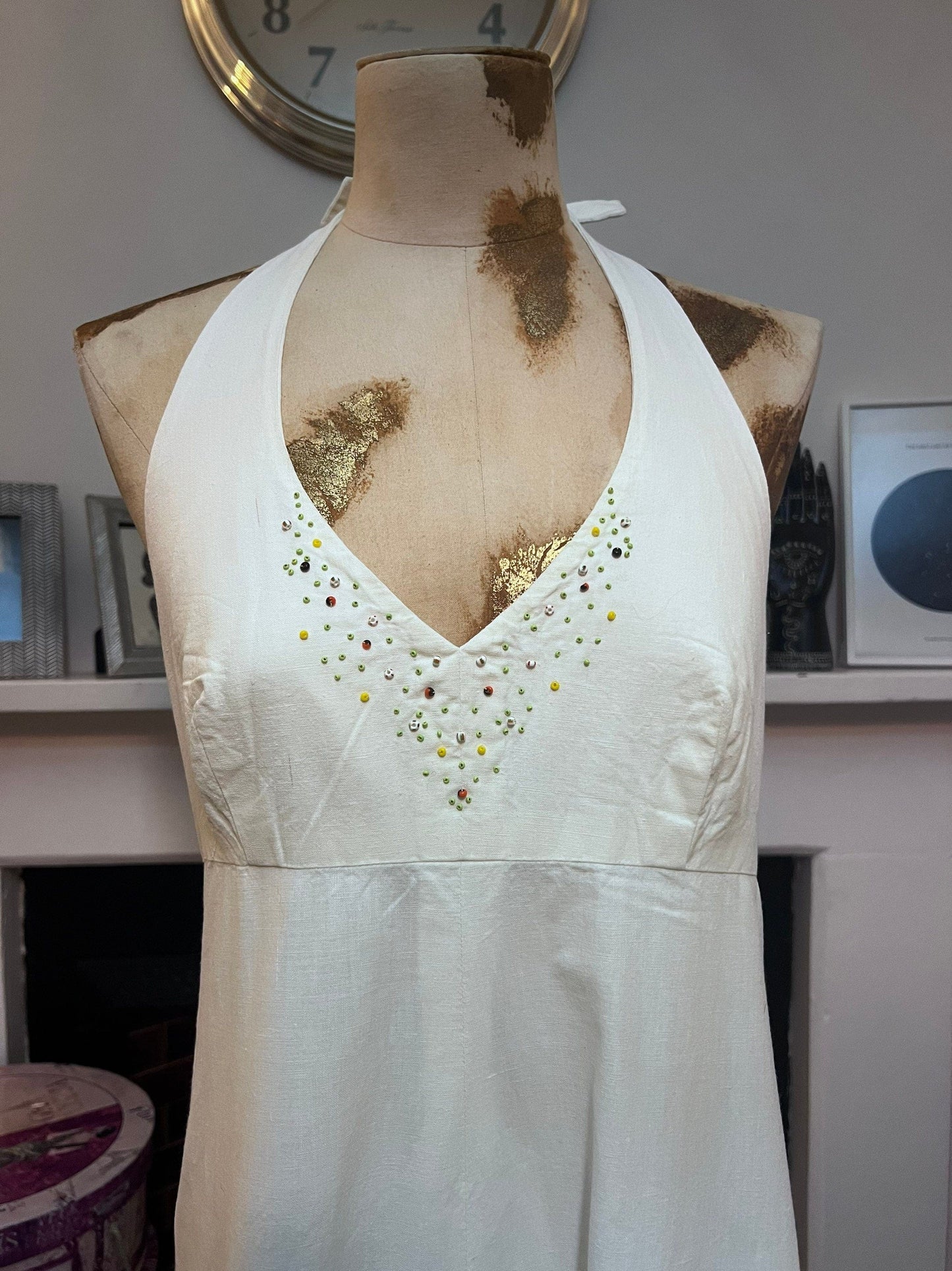 Cream linen 70s halter neck maxi dress, frill hem maxi, cream maxi dress, vintage maxi, vintage dress, cream linen dress, 1970s