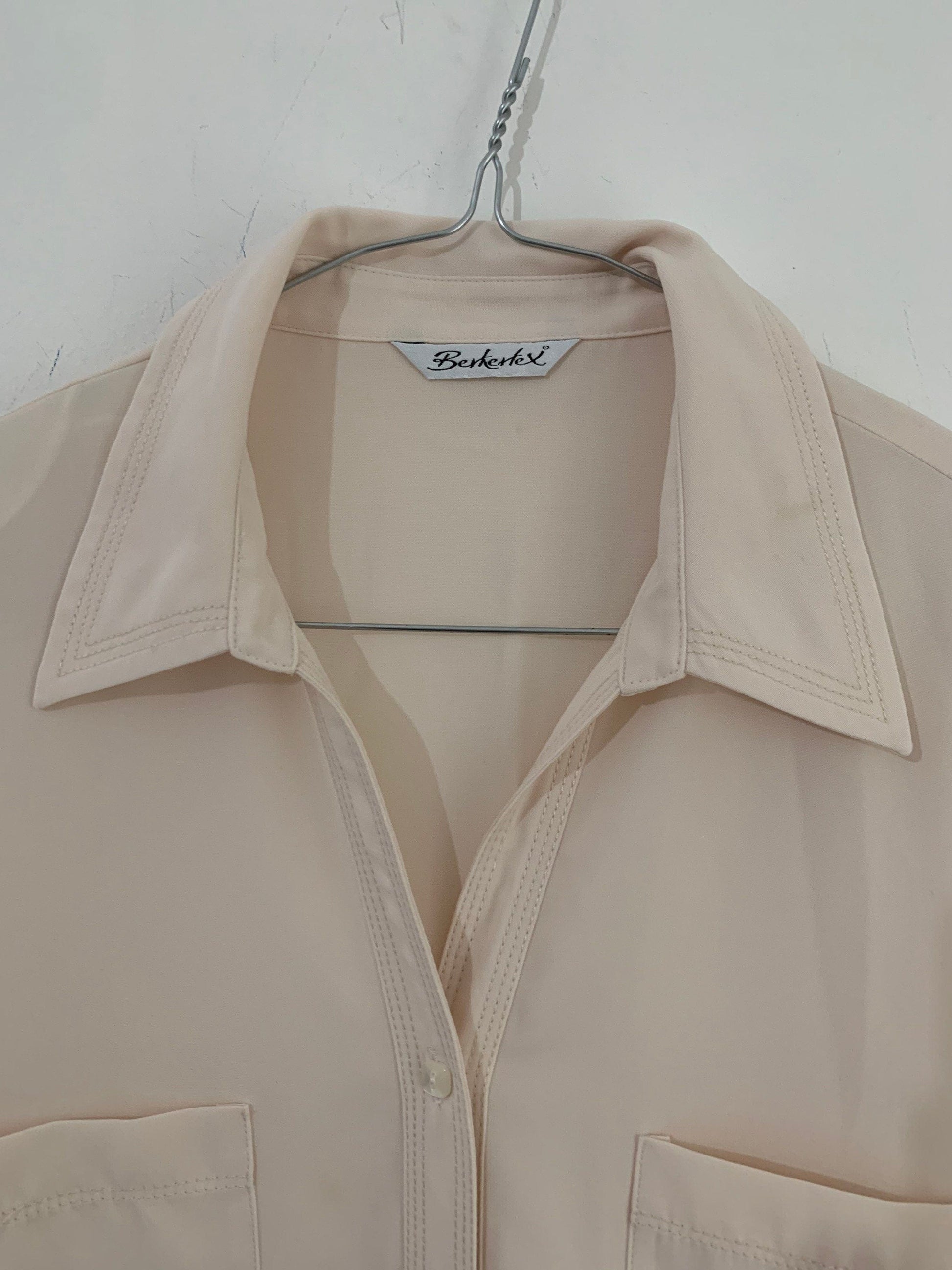 Cream Vintage Blouse Semi Sheer Button Through Boxy short Sleeves - Size 14