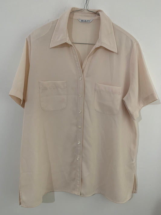 Cream Vintage Blouse Semi Sheer Button Through Boxy short Sleeves - Size 14