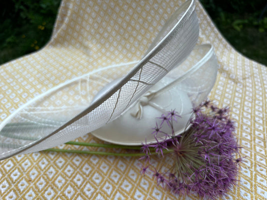 Cream 1970’s sinamay Shimmer Wide Brim Tilt Perching Hat Ribbon, 70’s Tilt Hat , Perching Hat - Genevieve Louis, Nigel Rayment Vintage Hat