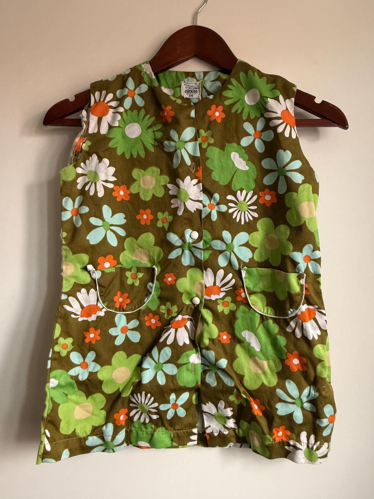 Cuckoo Green Flower Power Children's Tunic Vintage 1960s 70s Cuckoo Girls Floral Tunic Size 28 | Flower Power Children's Clothing
