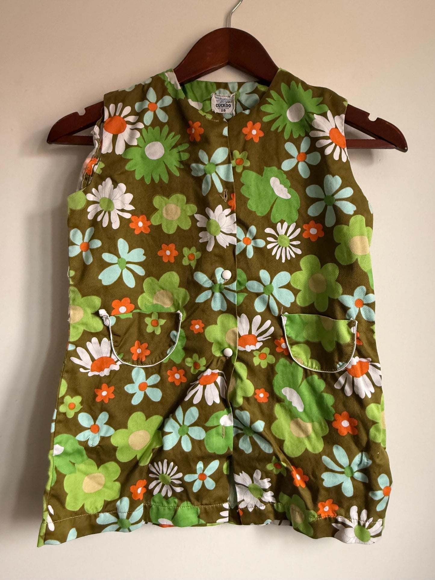 Cuckoo Green Flower Power Children's Tunic Vintage 1960s 70s Cuckoo Girls Floral Tunic Size 28 | Flower Power Children's Clothing