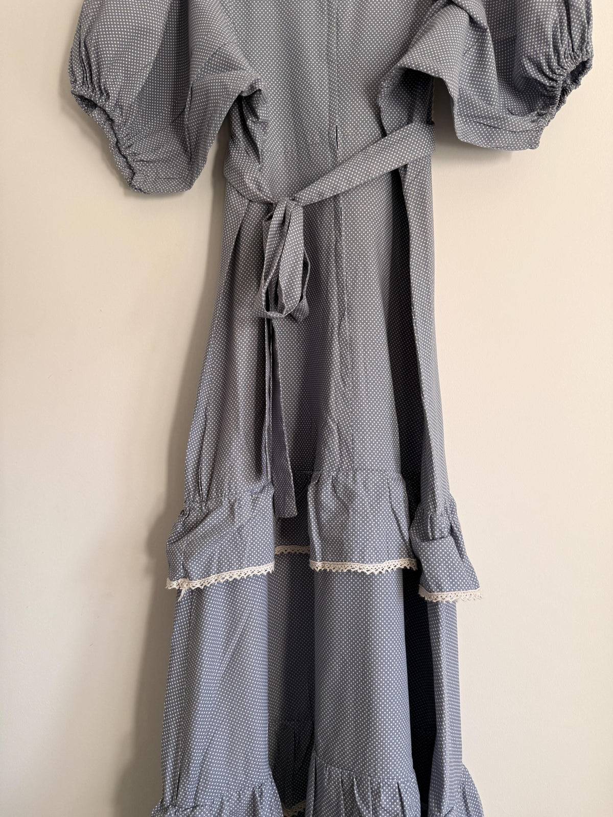 Vintage 1970s Prairie Maxi Dress Blue Polka Dot Lace Trim Puff Sleeve Cottagecore Gunne Sax Style Romantic Boho Festival Dress UK