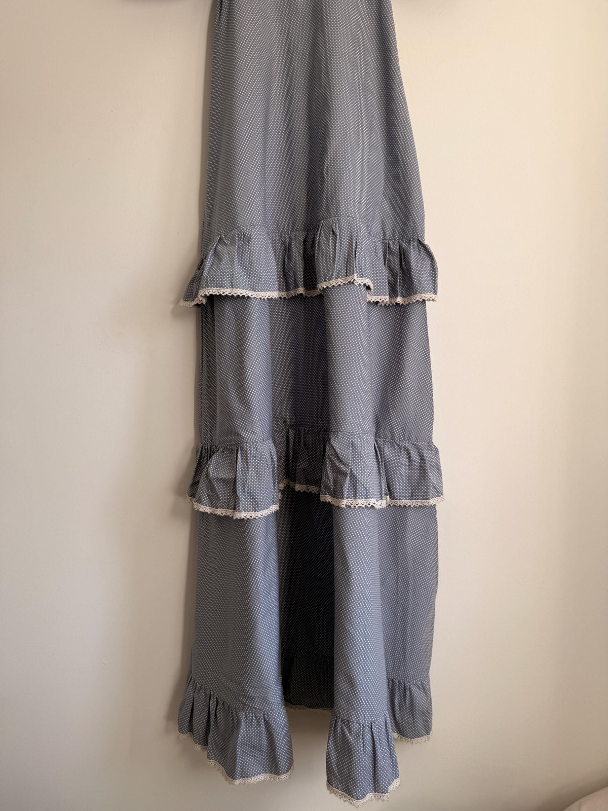 Vintage 1970s Prairie Maxi Dress Blue Polka Dot Lace Trim Puff Sleeve Cottagecore Gunne Sax Style Romantic Boho Festival Dress UK