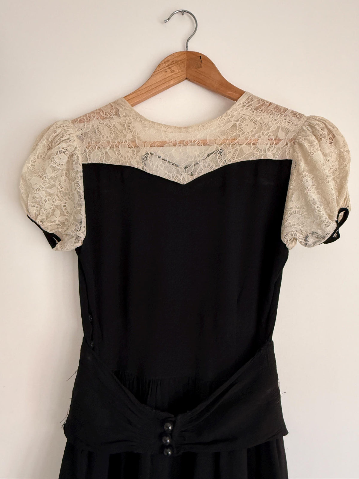Vintage 1930s Black Crepe Lace Yoke Puff Sleeve Dress | Art Deco Evening Gown