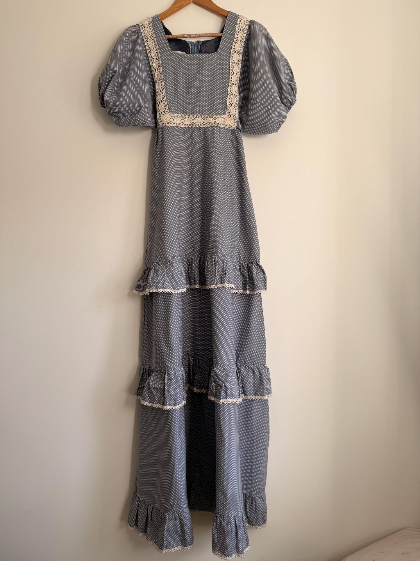 Vintage 1970s Prairie Maxi Dress Blue Polka Dot Lace Trim Puff Sleeve Cottagecore Gunne Sax Style Romantic Boho Festival Dress UK