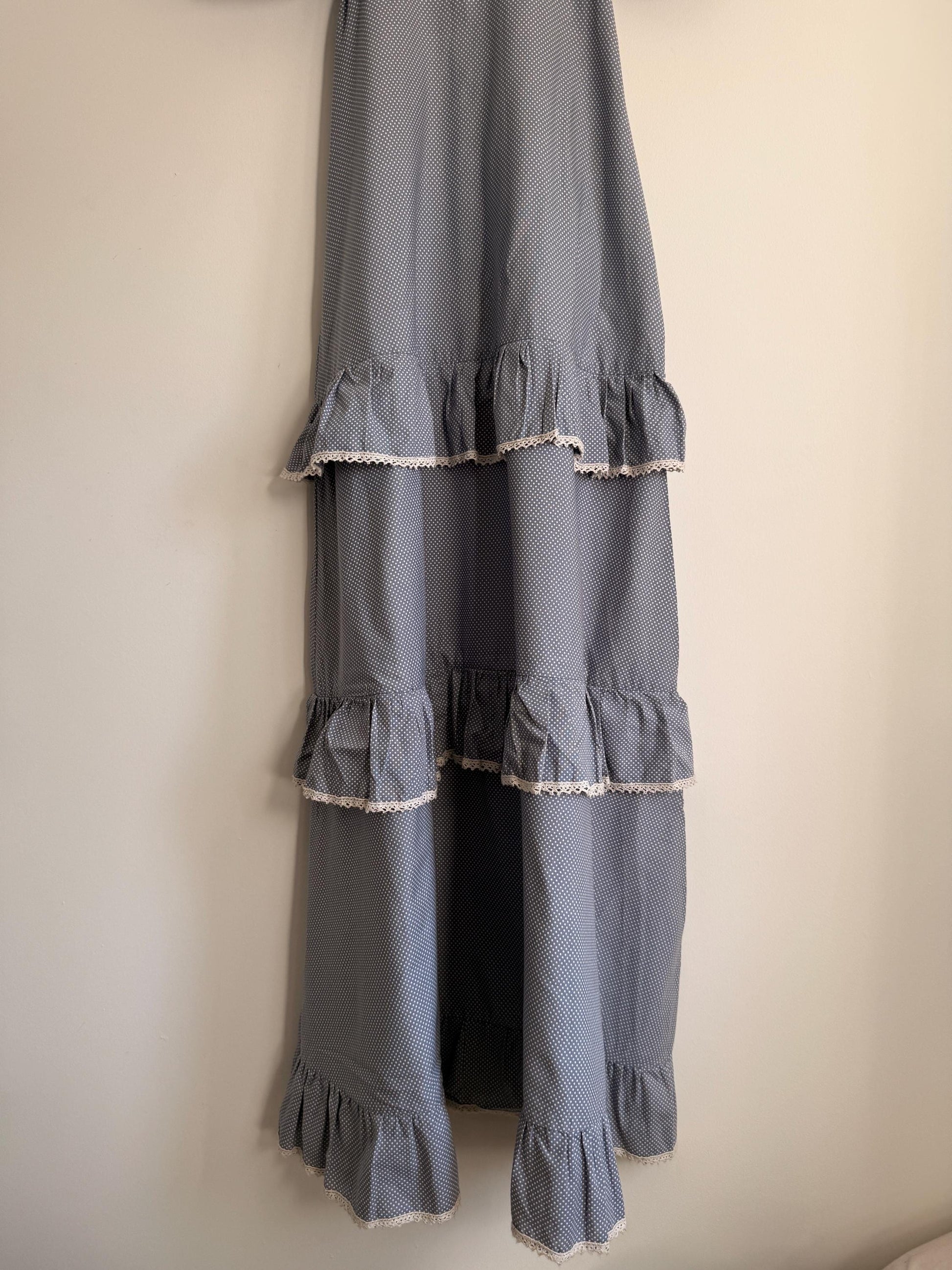 Vintage 1970s Prairie Maxi Dress Blue Polka Dot Lace Trim Puff Sleeve Cottagecore Gunne Sax Style Romantic Boho Festival Dress UK