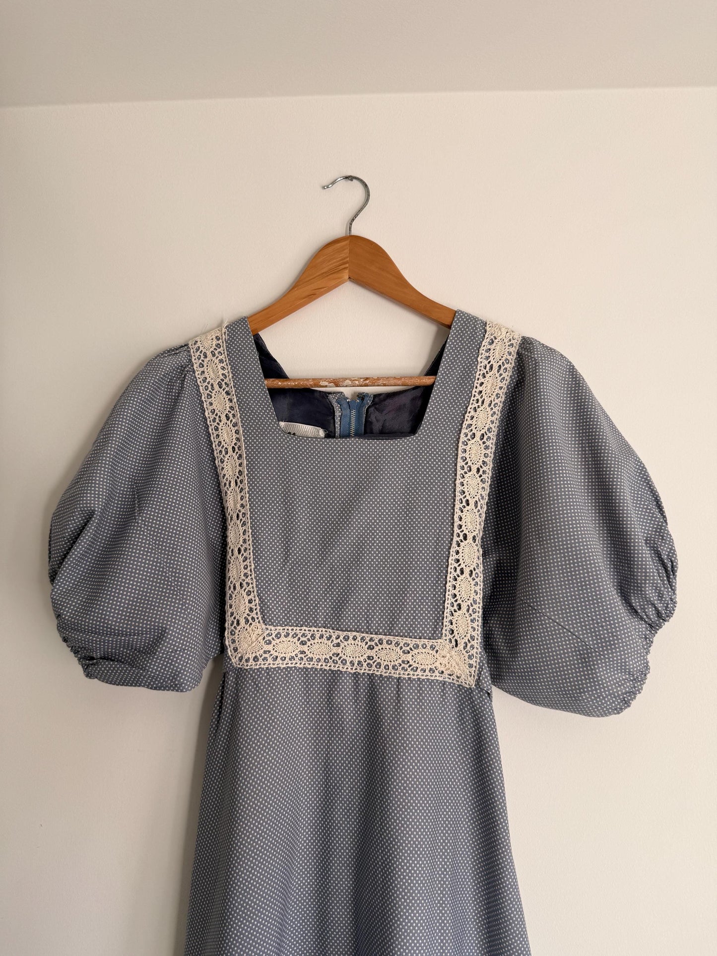 Vintage 1970s Prairie Maxi Dress Blue Polka Dot Lace Trim Puff Sleeve Cottagecore Gunne Sax Style Romantic Boho Festival Dress UK