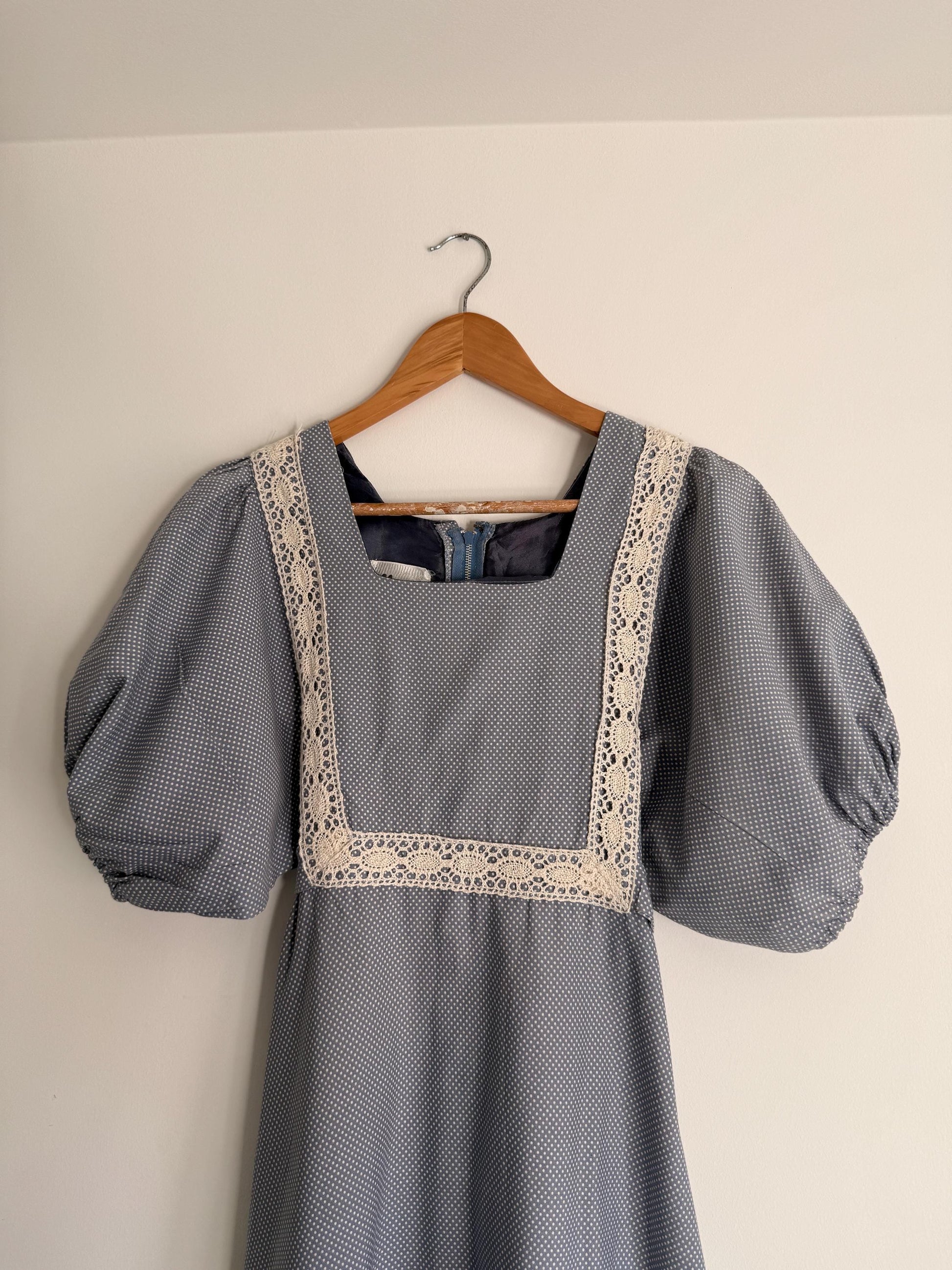 Vintage 1970s Prairie Maxi Dress Blue Polka Dot Lace Trim Puff Sleeve Cottagecore Gunne Sax Style Romantic Boho Festival Dress UK