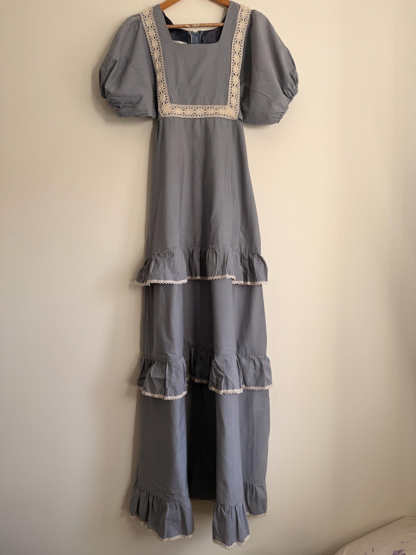 Vintage 1970s Prairie Maxi Dress Blue Polka Dot Lace Trim Puff Sleeve Cottagecore Gunne Sax Style Romantic Boho Festival Dress UK