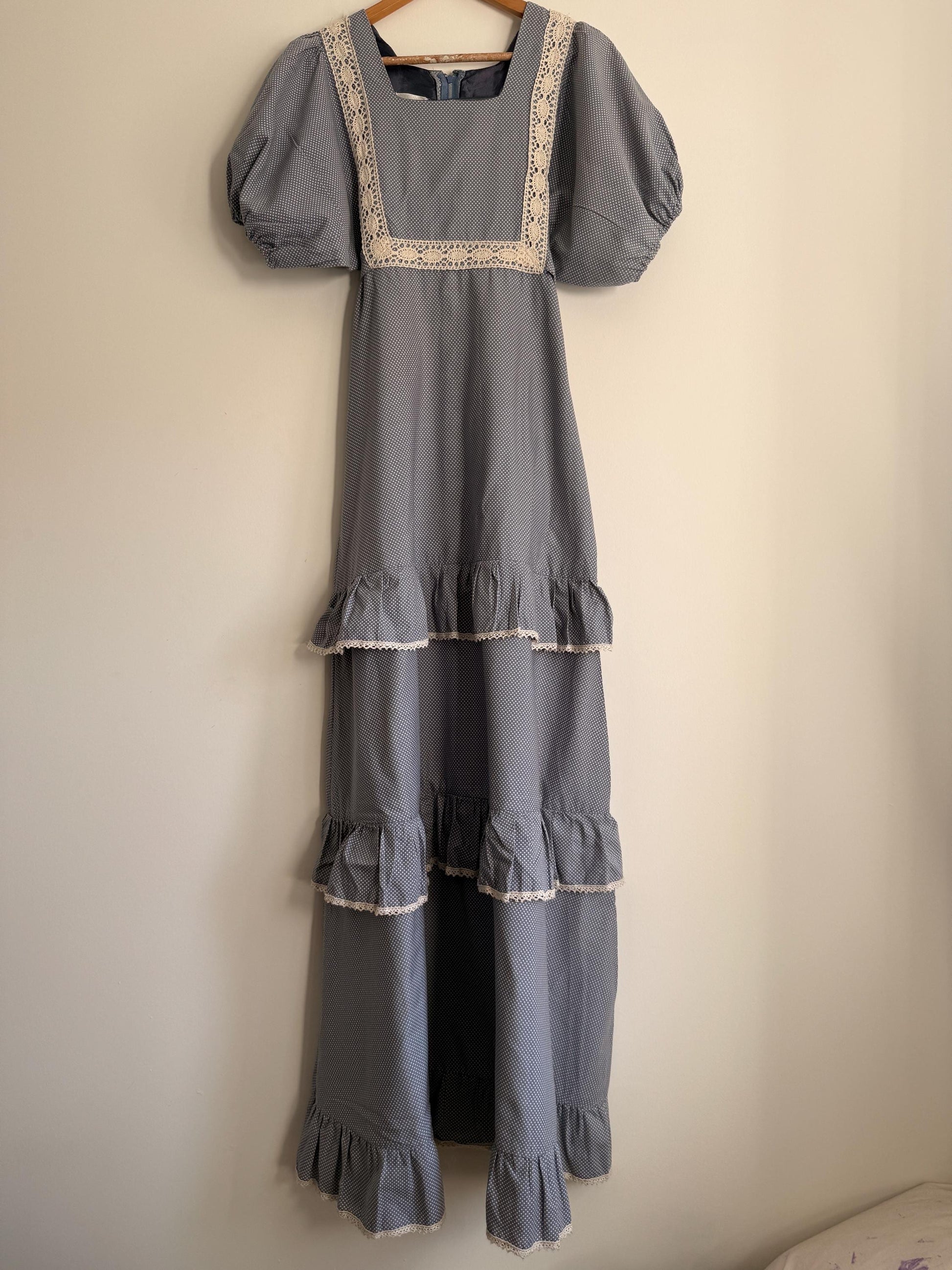 Vintage 1970s Prairie Maxi Dress Blue Polka Dot Lace Trim Puff Sleeve Cottagecore Gunne Sax Style Romantic Boho Festival Dress UK