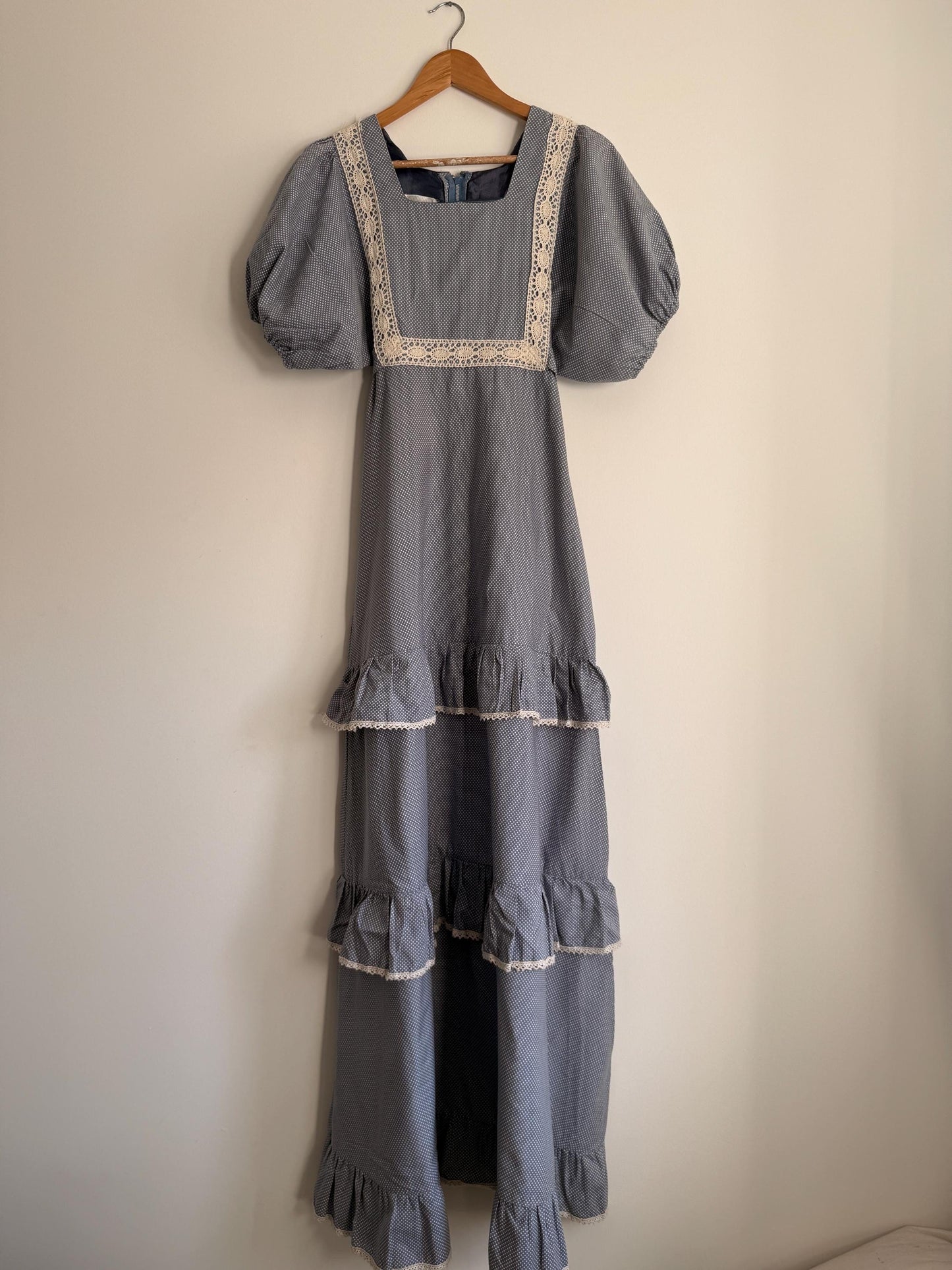 Vintage 1970s Prairie Maxi Dress Blue Polka Dot Lace Trim Puff Sleeve Cottagecore Gunne Sax Style Romantic Boho Festival Dress UK