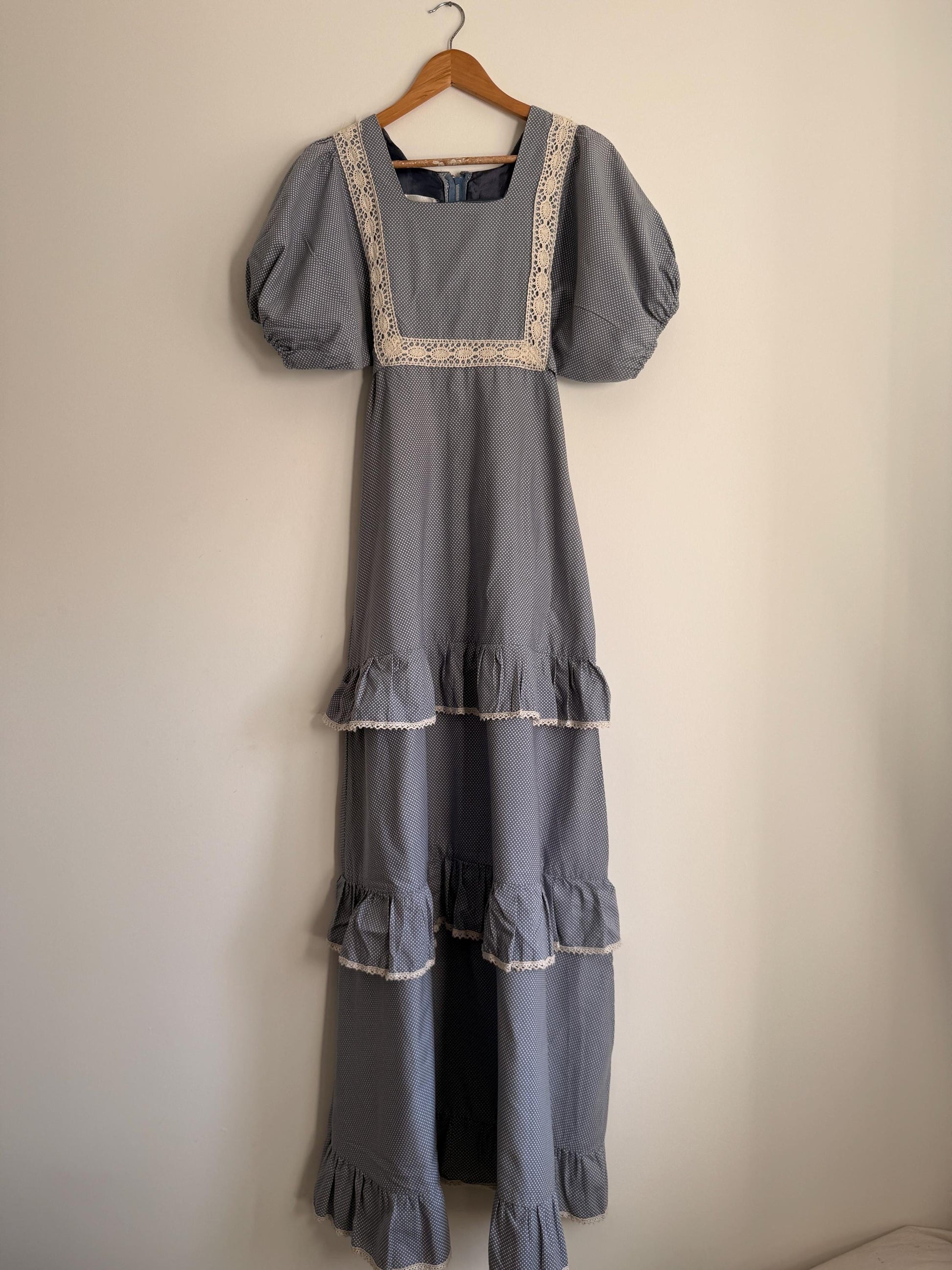 Vintage 1970s Prairie Maxi Dress Blue Polka Dot Lace Trim Puff Sleeve Cottagecore Gunne Sax Style Romantic Boho Festival Dress UK