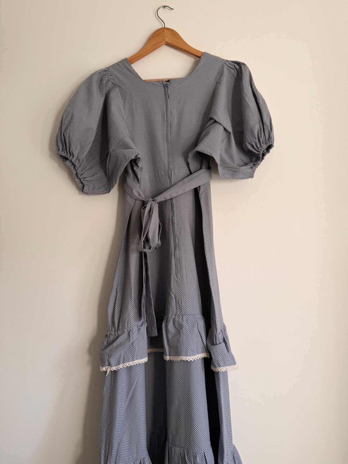 Vintage 1970s Prairie Maxi Dress Blue Polka Dot Lace Trim Puff Sleeve Cottagecore Gunne Sax Style Romantic Boho Festival Dress UK