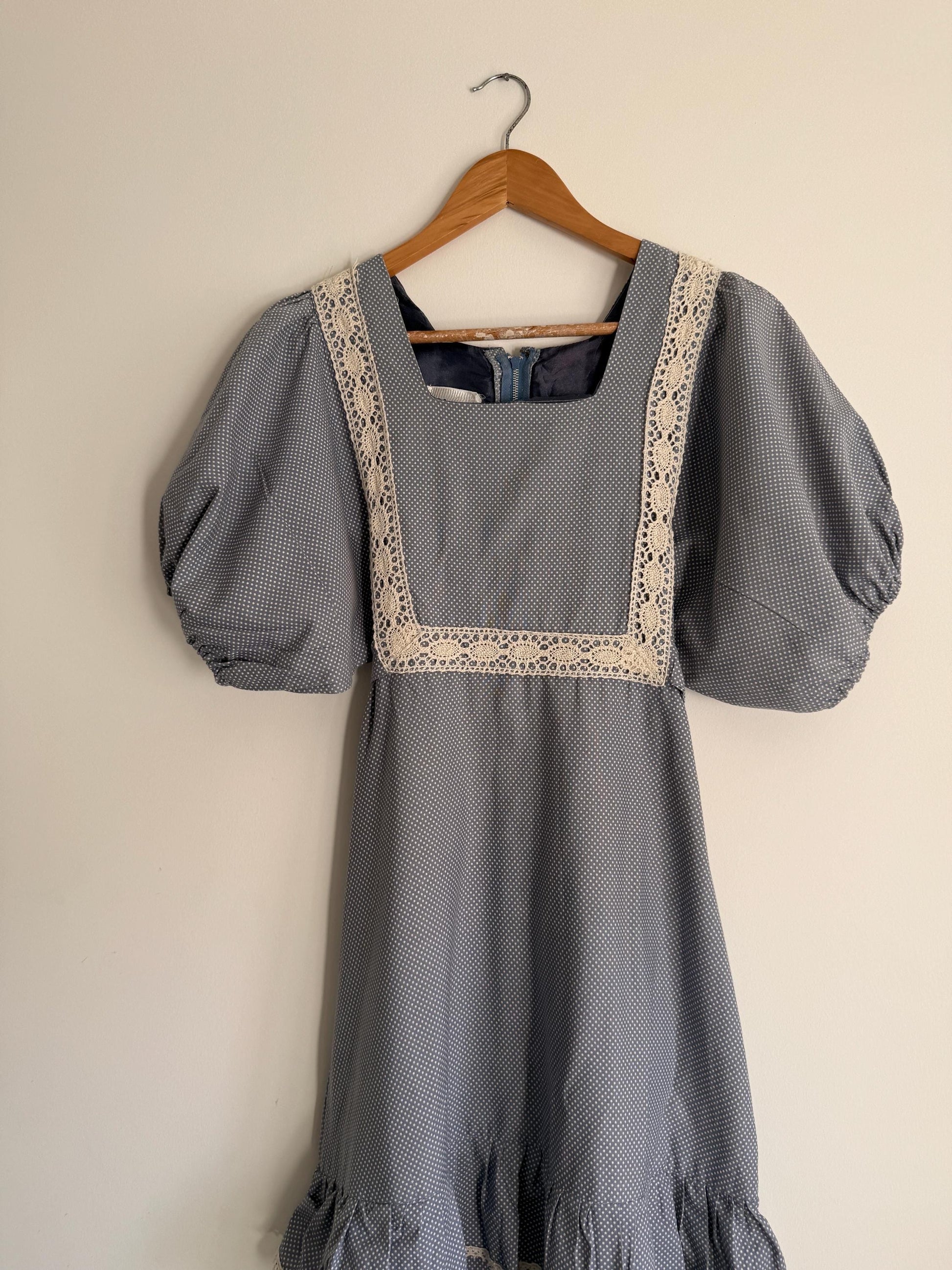 Vintage 1970s Prairie Maxi Dress Blue Polka Dot Lace Trim Puff Sleeve Cottagecore Gunne Sax Style Romantic Boho Festival Dress UK