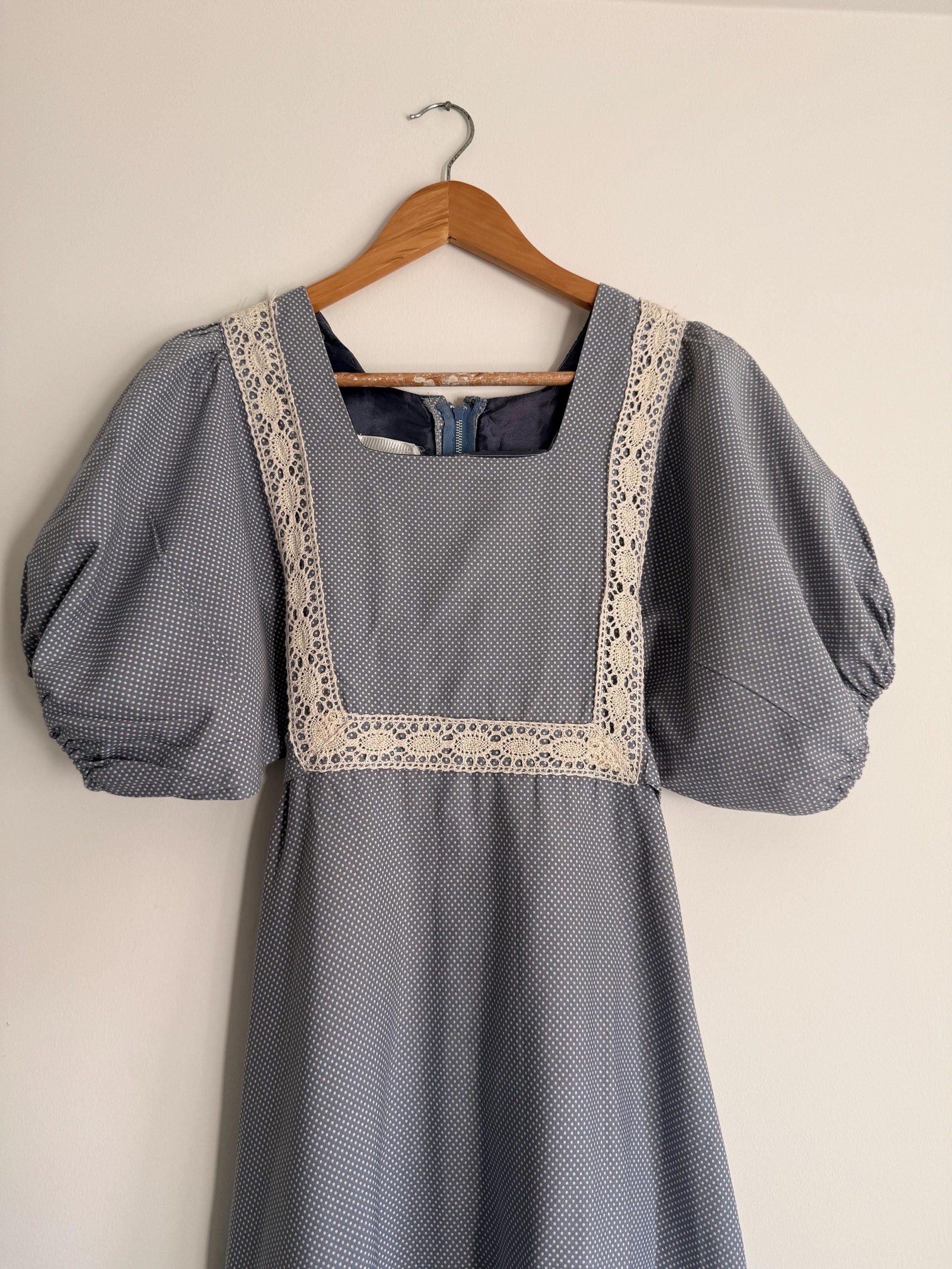 Vintage 1970s Prairie Maxi Dress Blue Polka Dot Lace Trim Puff Sleeve Cottagecore Gunne Sax Style Romantic Boho Festival Dress UK