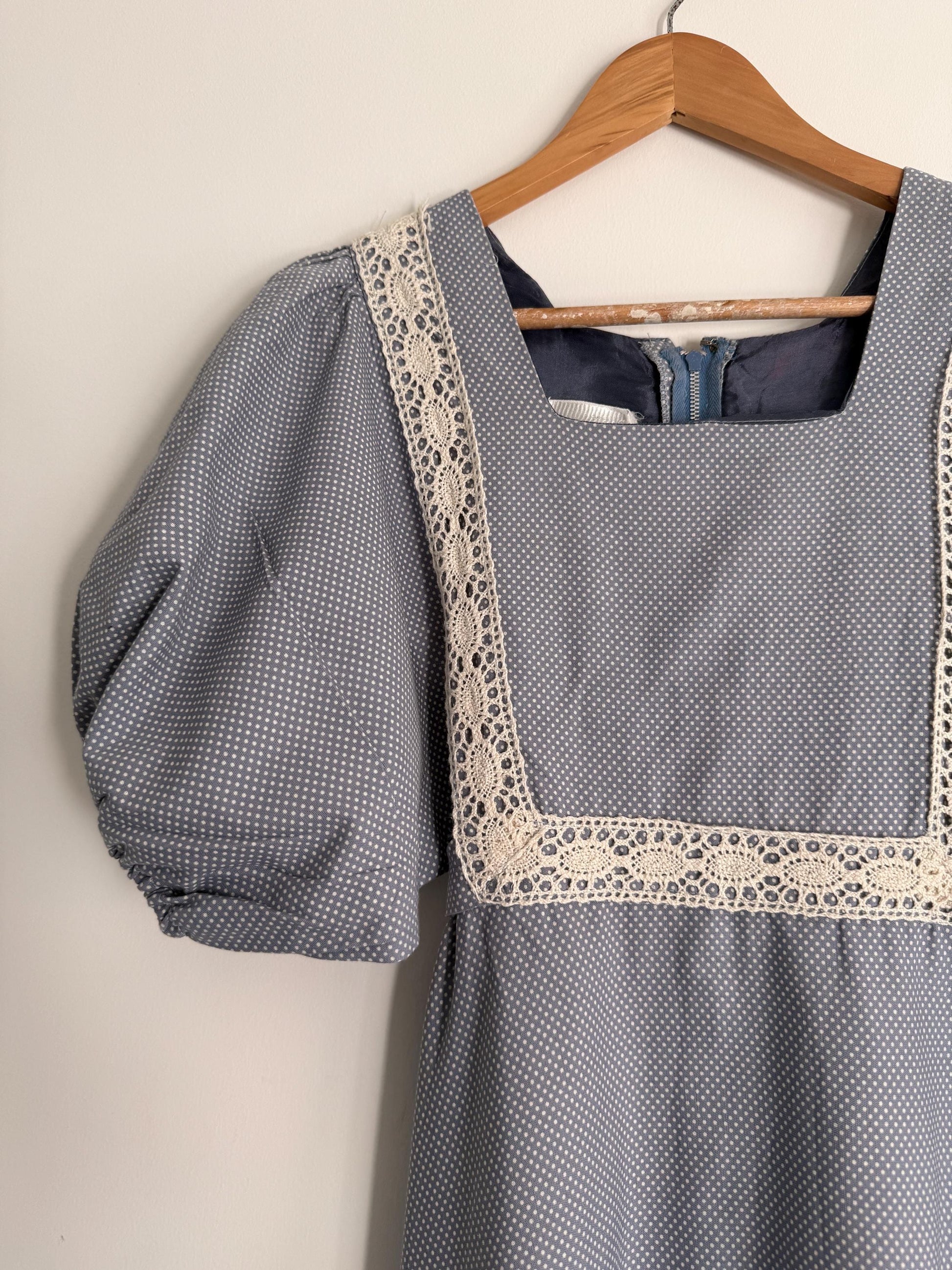 Vintage 1970s Prairie Maxi Dress Blue Polka Dot Lace Trim Puff Sleeve Cottagecore Gunne Sax Style Romantic Boho Festival Dress UK