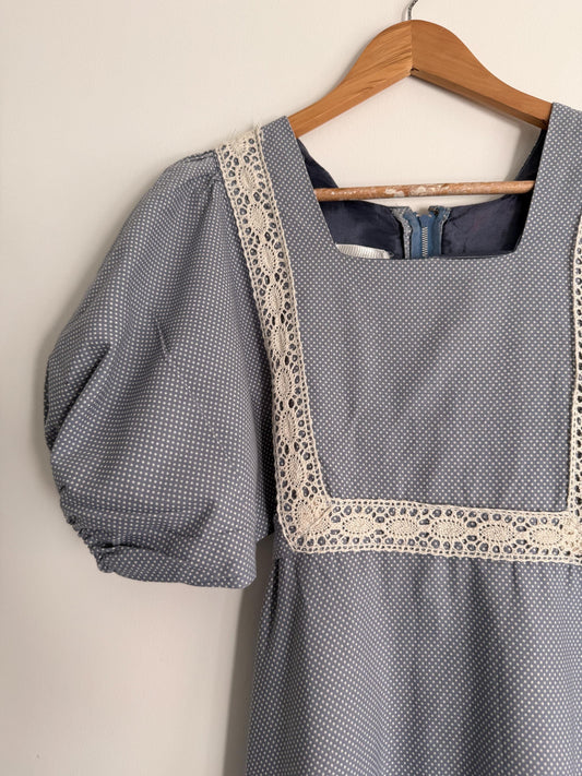 Vintage 1970s Prairie Maxi Dress Blue Polka Dot Lace Trim Puff Sleeve Cottagecore Gunne Sax Style Romantic Boho Festival Dress UK