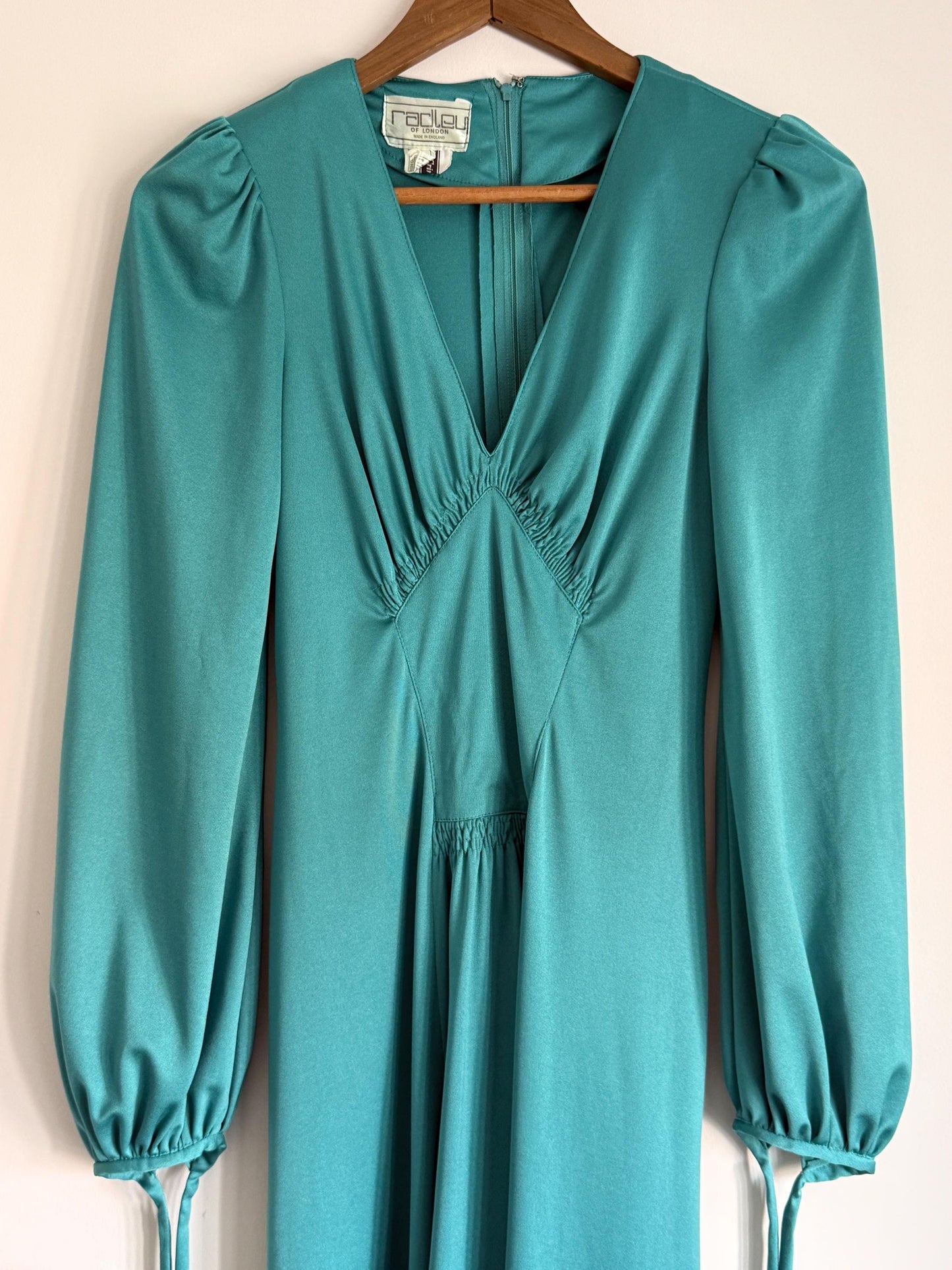 Vintage 1970s Radley London Teal Maxi Dress | Empire Waist Bishop Sleeve Evening Gown