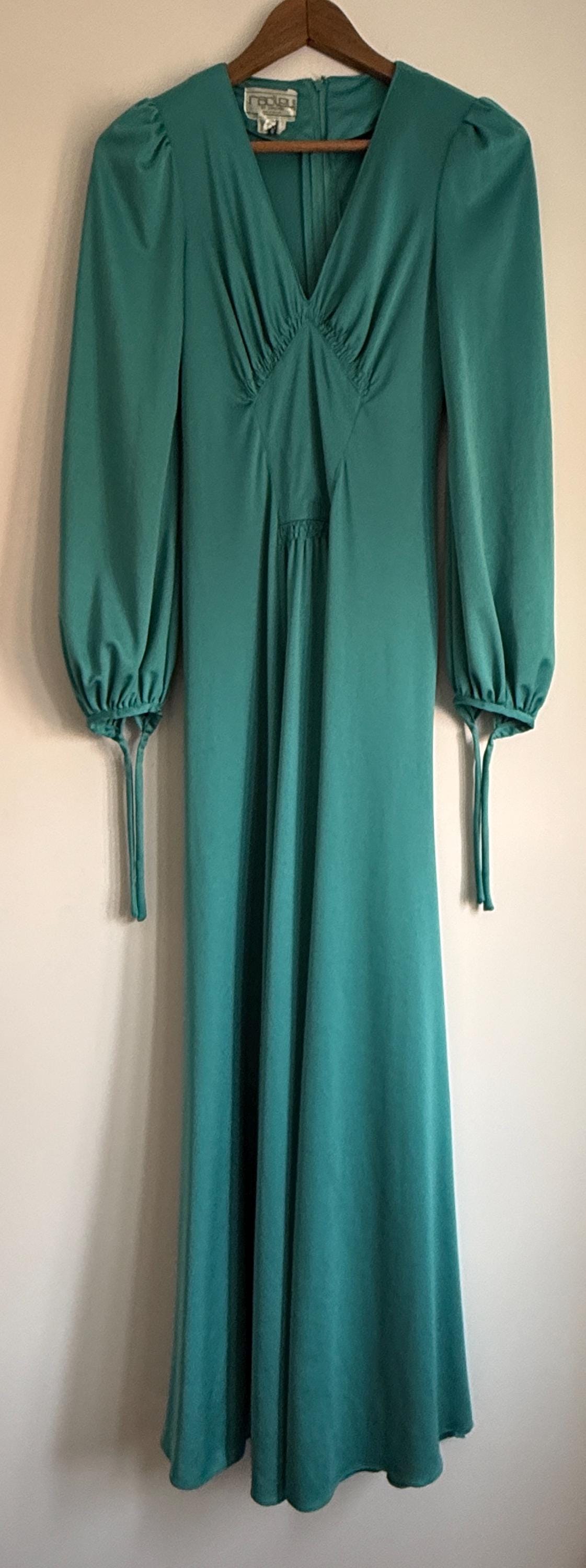 Vintage 1970s Radley London Teal Maxi Dress | Empire Waist Bishop Sleeve Evening Gown