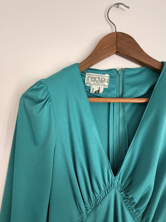 Vintage 1970s Radley London Teal Maxi Dress | Empire Waist Bishop Sleeve Evening Gown
