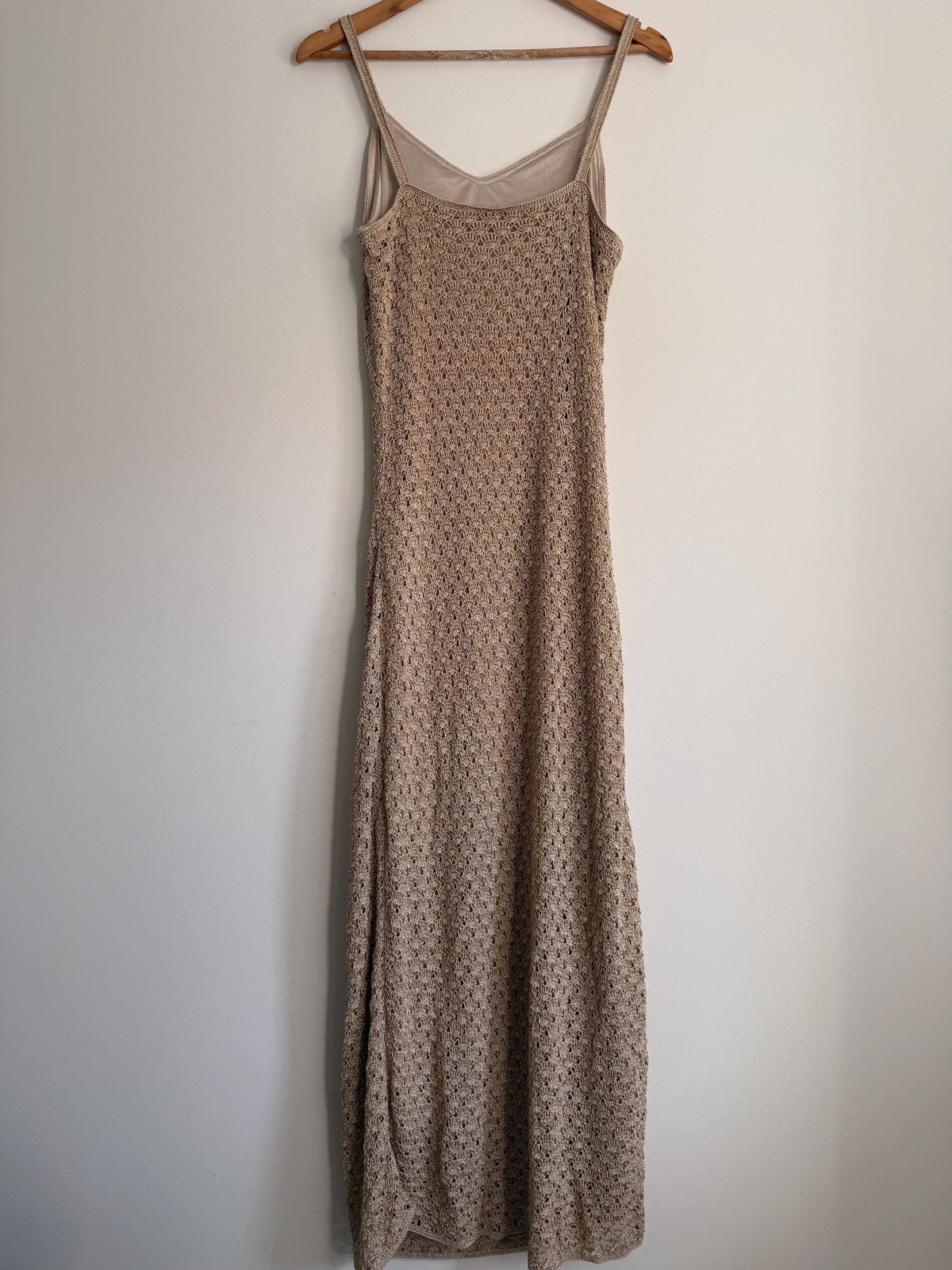 Vintage Crochet Knit Maxi Dress Beige Boho Festival Dress Sleeveless Open Knit 1990s Y2K Neutral Summer Holiday Dress