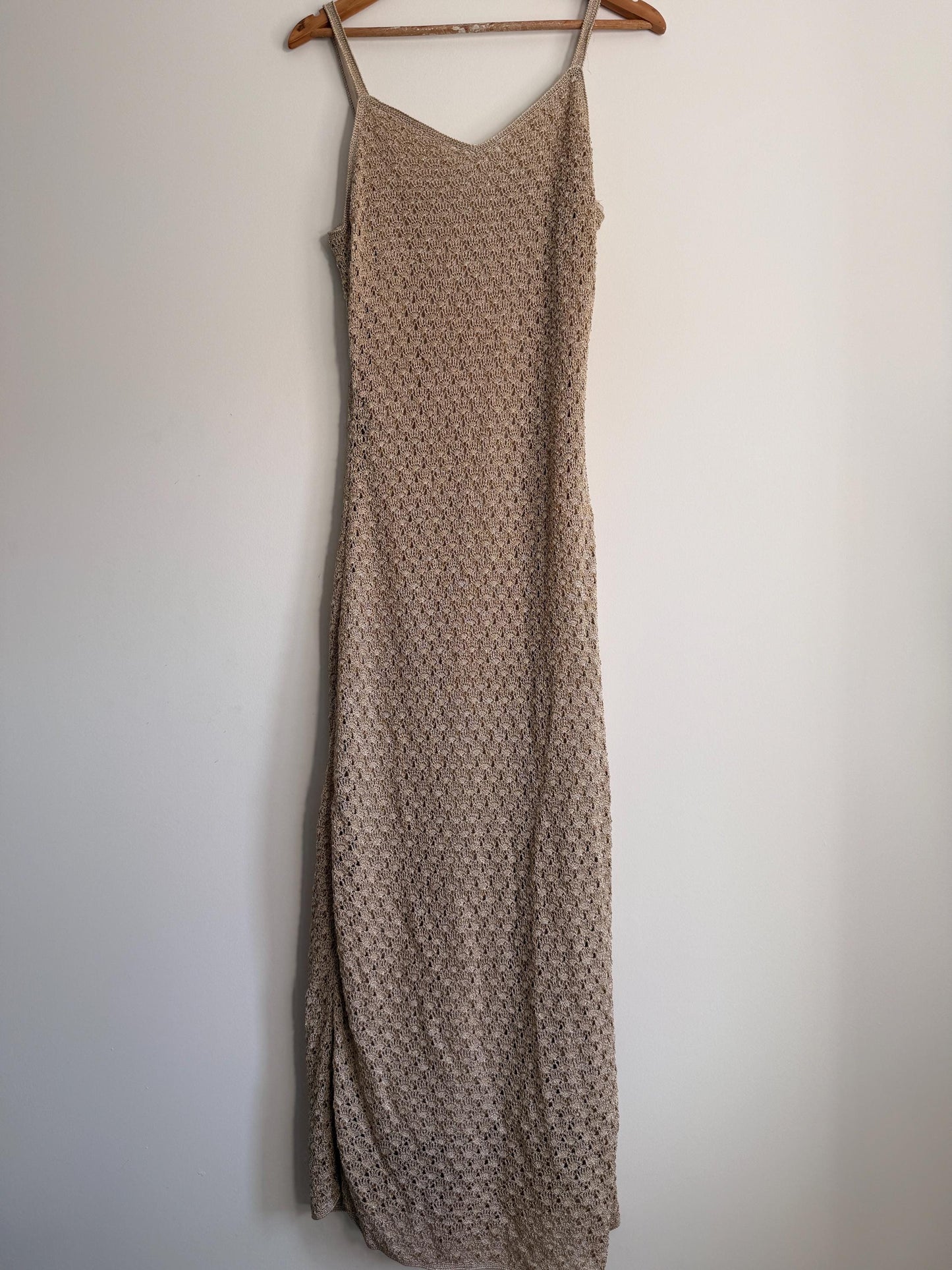 Vintage Crochet Knit Maxi Dress Beige Boho Festival Dress Sleeveless Open Knit 1990s Y2K Neutral Summer Holiday Dress