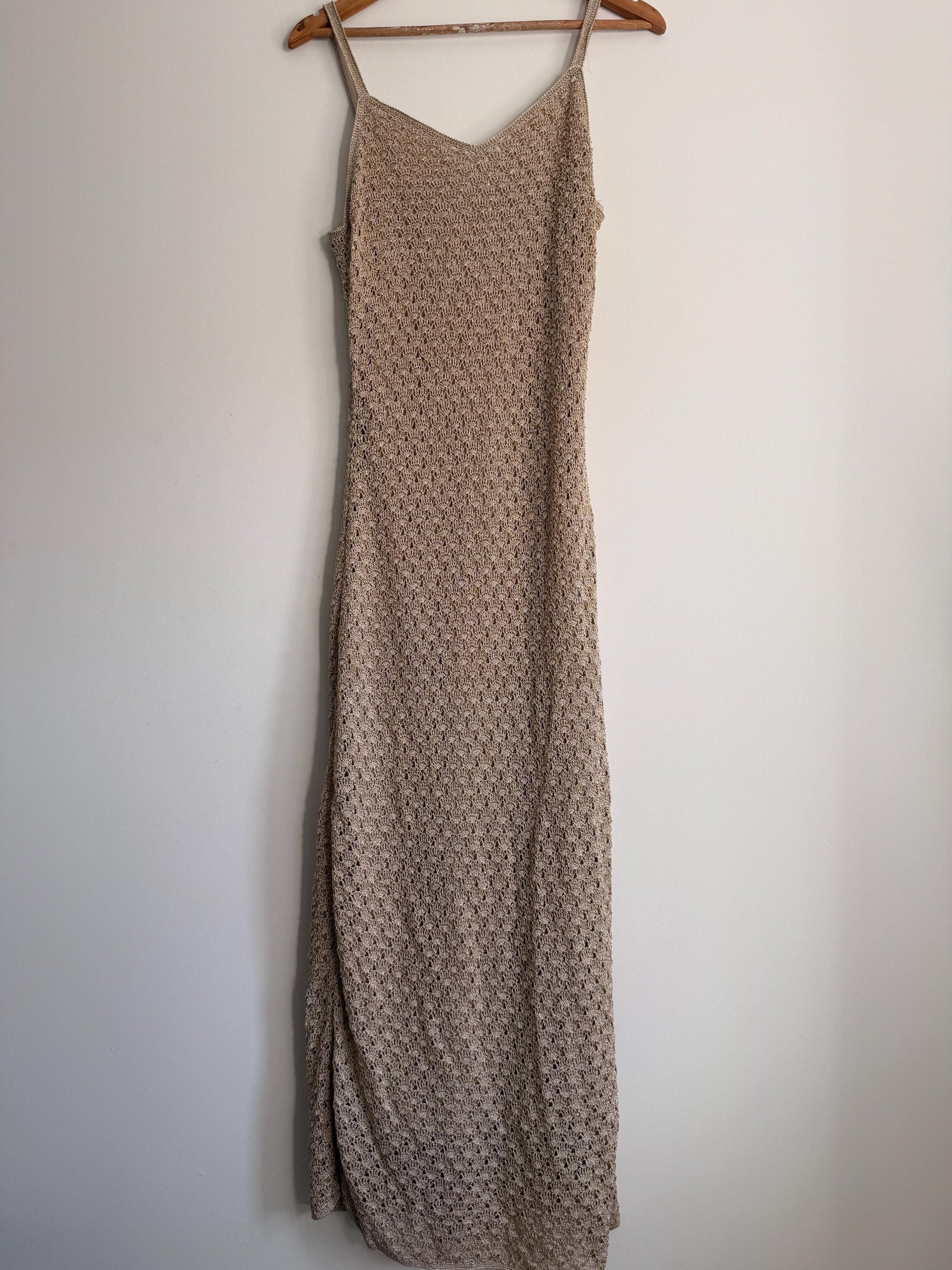Vintage Crochet Knit Maxi Dress Beige Boho Festival Dress Sleeveless Open Knit 1990s Y2K Neutral Summer Holiday Dress