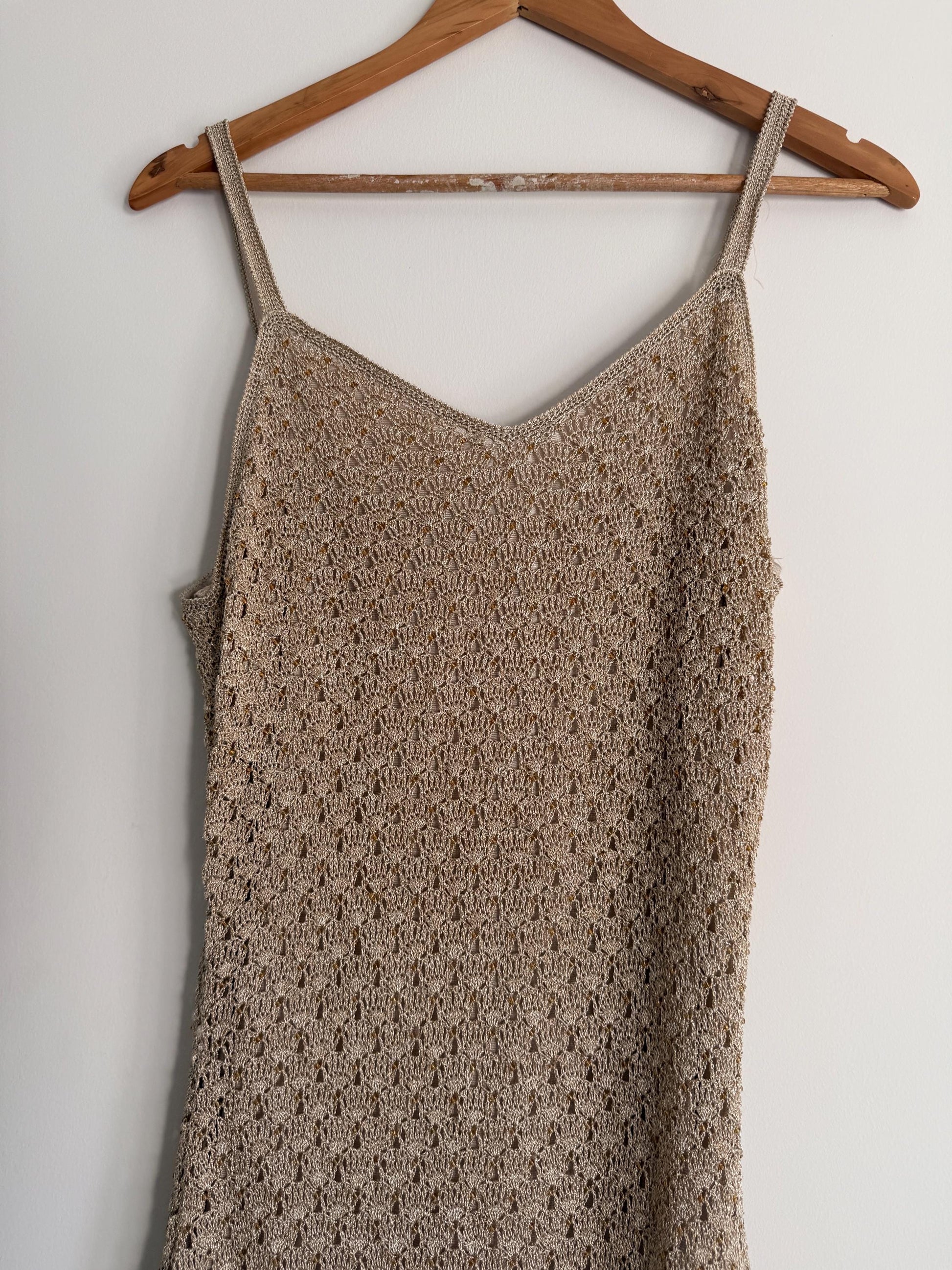 Vintage Crochet Knit Maxi Dress Beige Boho Festival Dress Sleeveless Open Knit 1990s Y2K Neutral Summer Holiday Dress