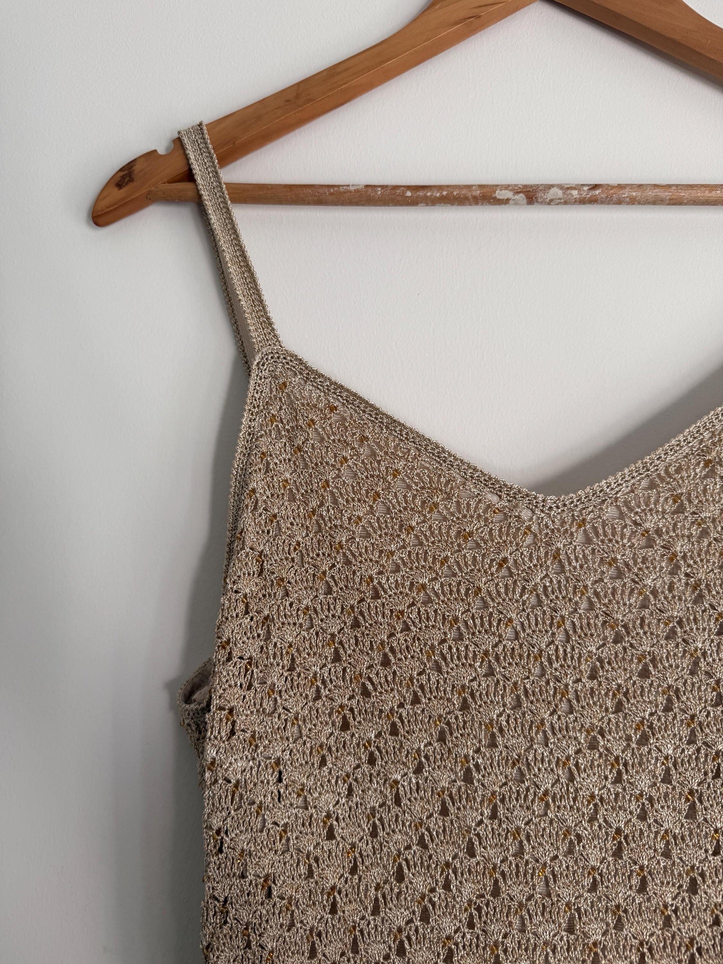Vintage Crochet Knit Maxi Dress Beige Boho Festival Dress Sleeveless Open Knit 1990s Y2K Neutral Summer Holiday Dress