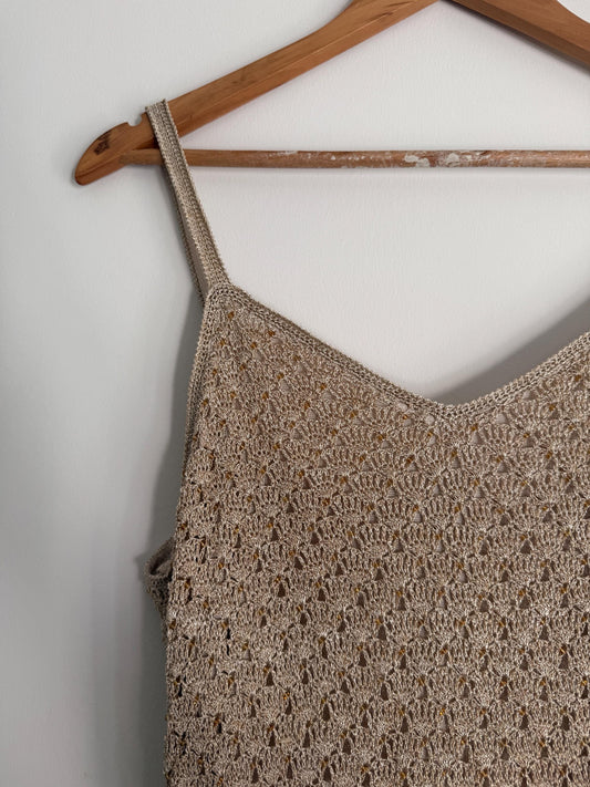 Vintage Crochet Knit Maxi Dress Beige Boho Festival Dress Sleeveless Open Knit 1990s Y2K Neutral Summer Holiday Dress