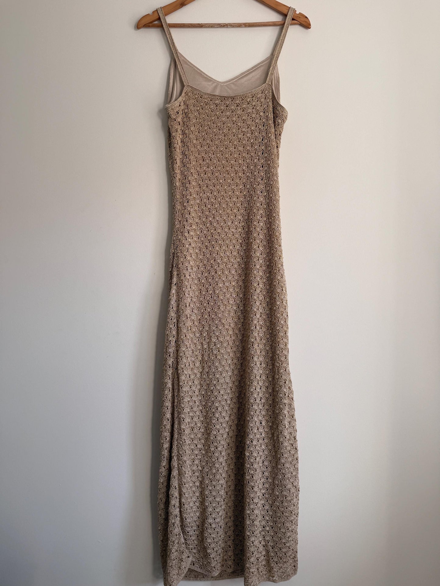 Vintage Crochet Knit Maxi Dress Beige Boho Festival Dress Sleeveless Open Knit 1990s Y2K Neutral Summer Holiday Dress