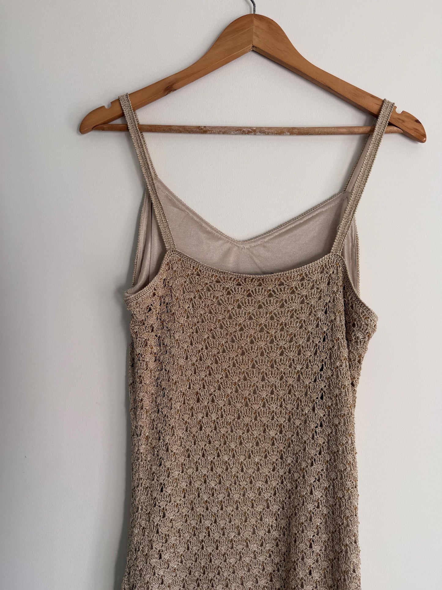 Vintage Crochet Knit Maxi Dress Beige Boho Festival Dress Sleeveless Open Knit 1990s Y2K Neutral Summer Holiday Dress
