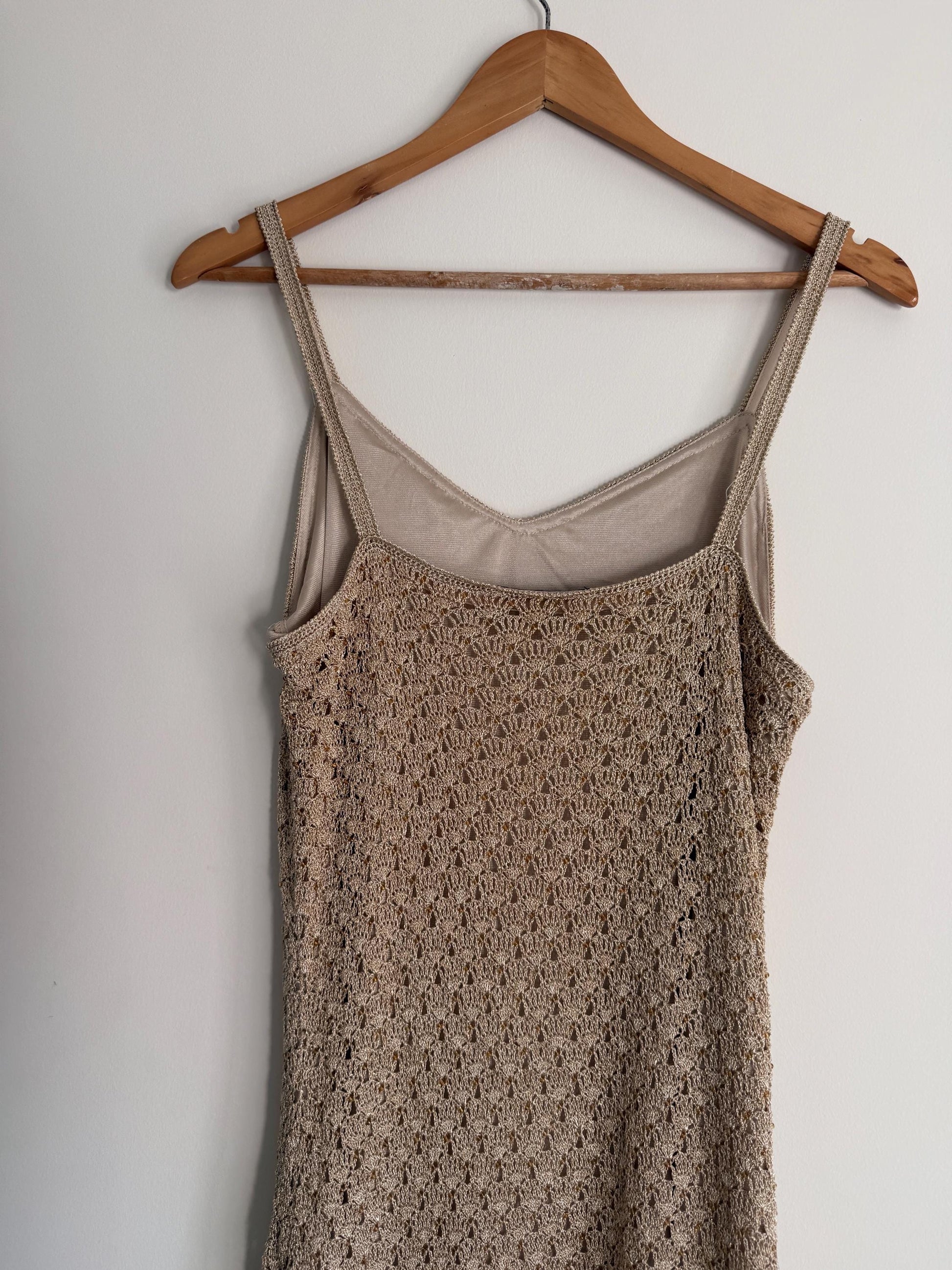 Vintage Crochet Knit Maxi Dress Beige Boho Festival Dress Sleeveless Open Knit 1990s Y2K Neutral Summer Holiday Dress