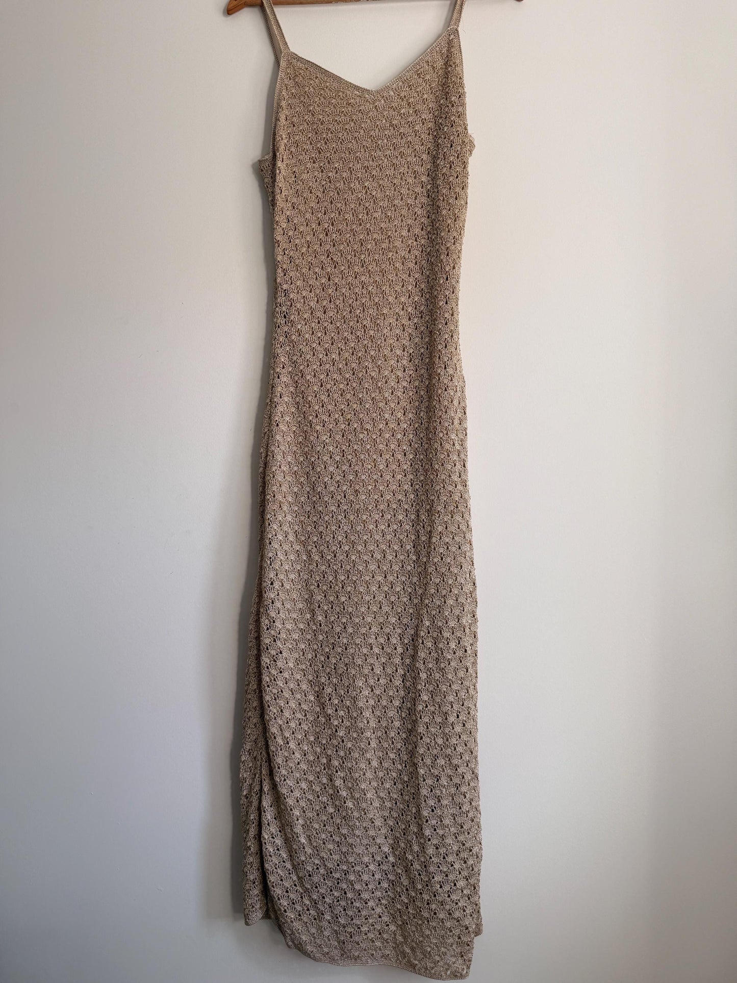 Vintage Crochet Knit Maxi Dress Beige Boho Festival Dress Sleeveless Open Knit 1990s Y2K Neutral Summer Holiday Dress