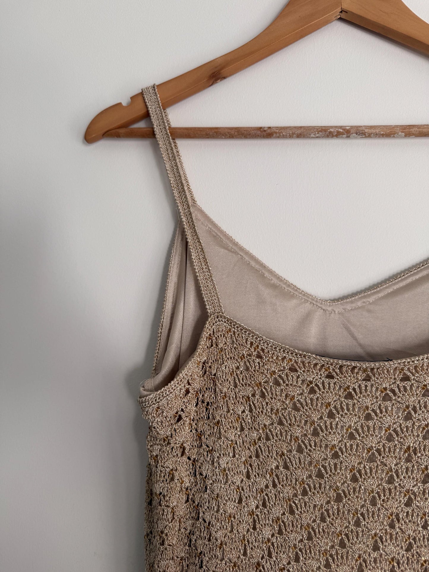 Vintage Crochet Knit Maxi Dress Beige Boho Festival Dress Sleeveless Open Knit 1990s Y2K Neutral Summer Holiday Dress
