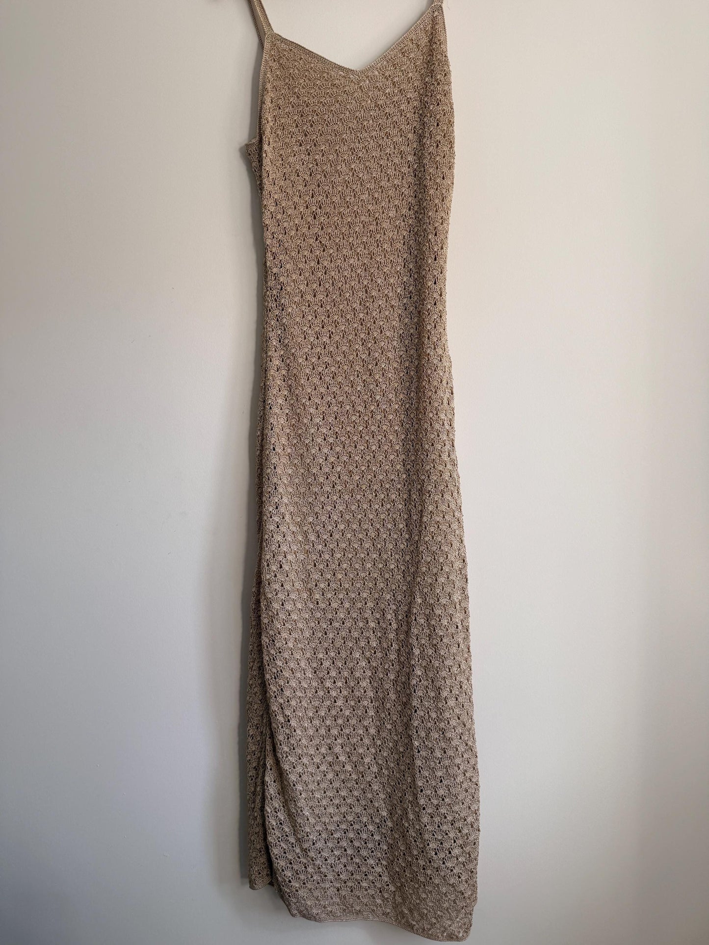 Vintage Crochet Knit Maxi Dress Beige Boho Festival Dress Sleeveless Open Knit 1990s Y2K Neutral Summer Holiday Dress