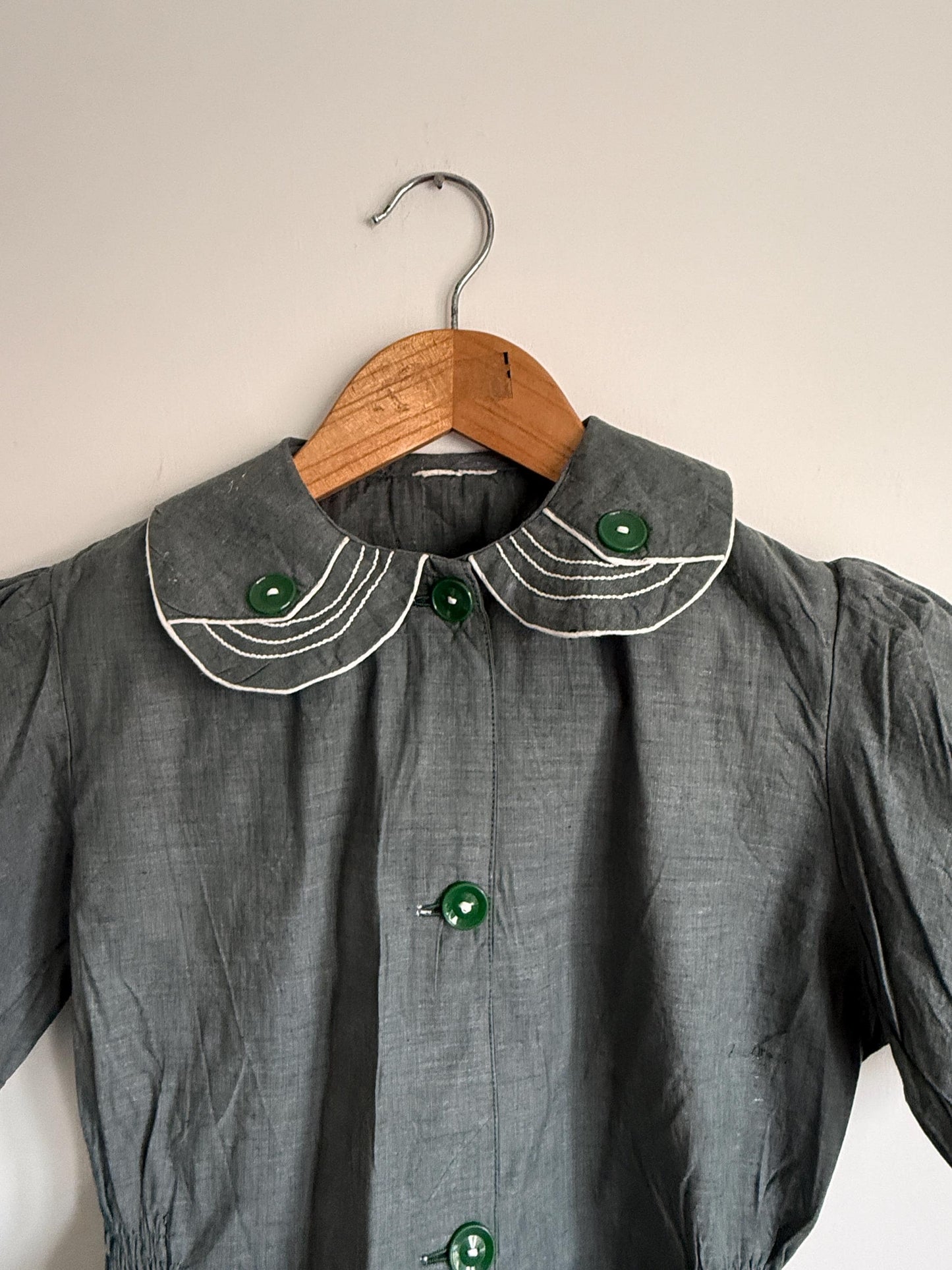 Vintage Grey Linen Blend Shirt Dress UK 10-12 | Peter Pan Collar Dress | 1940s Utility Dress | Cottagecore Dress | Button Front Midi Dress