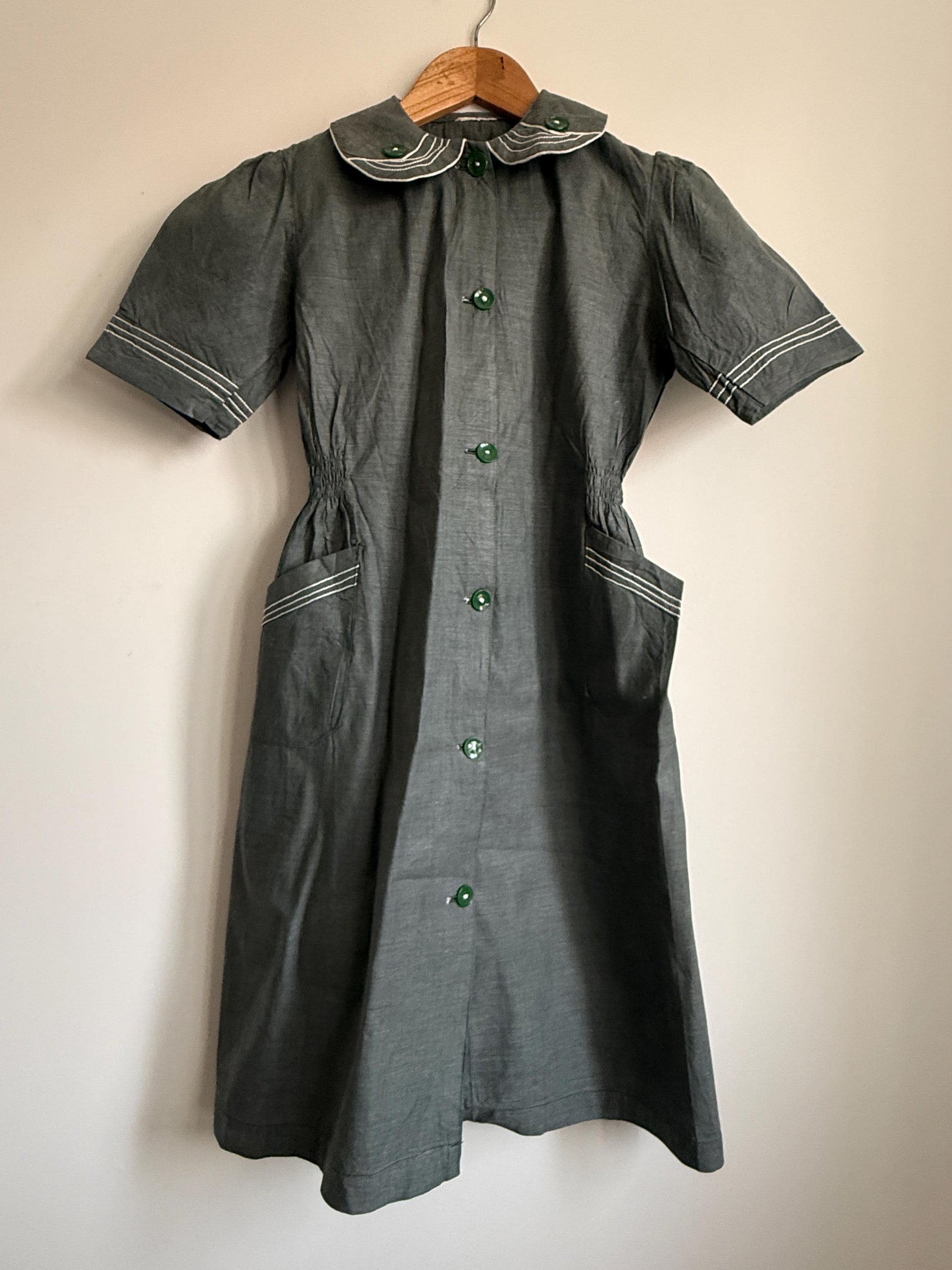 Vintage Grey Linen Blend Shirt Dress UK 10-12 | Peter Pan Collar Dress | 1940s Utility Dress | Cottagecore Dress | Button Front Midi Dress