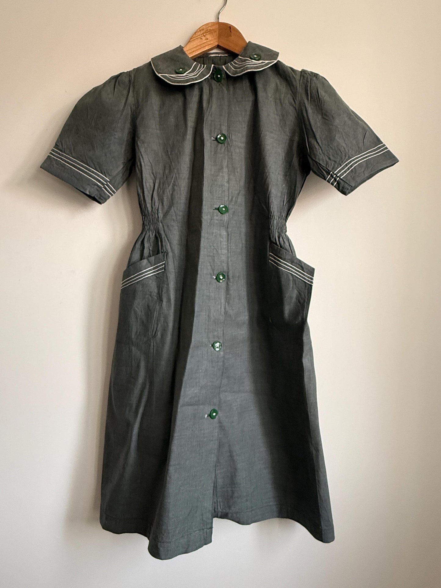 Vintage Grey Linen Blend Shirt Dress UK 10-12 | Peter Pan Collar Dress | 1940s Utility Dress | Cottagecore Dress | Button Front Midi Dress