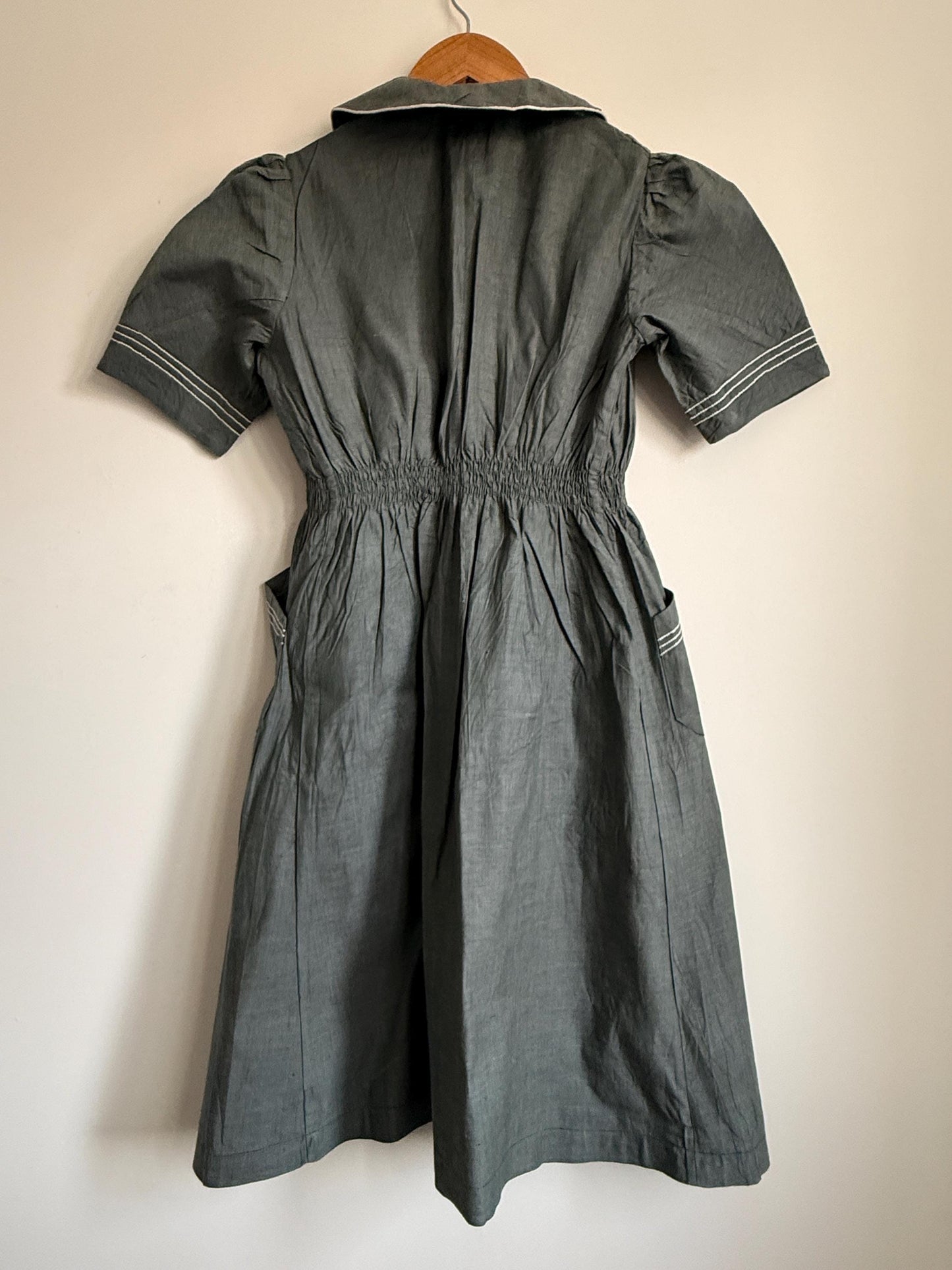 Vintage Grey Linen Blend Shirt Dress UK 10-12 | Peter Pan Collar Dress | 1940s Utility Dress | Cottagecore Dress | Button Front Midi Dress