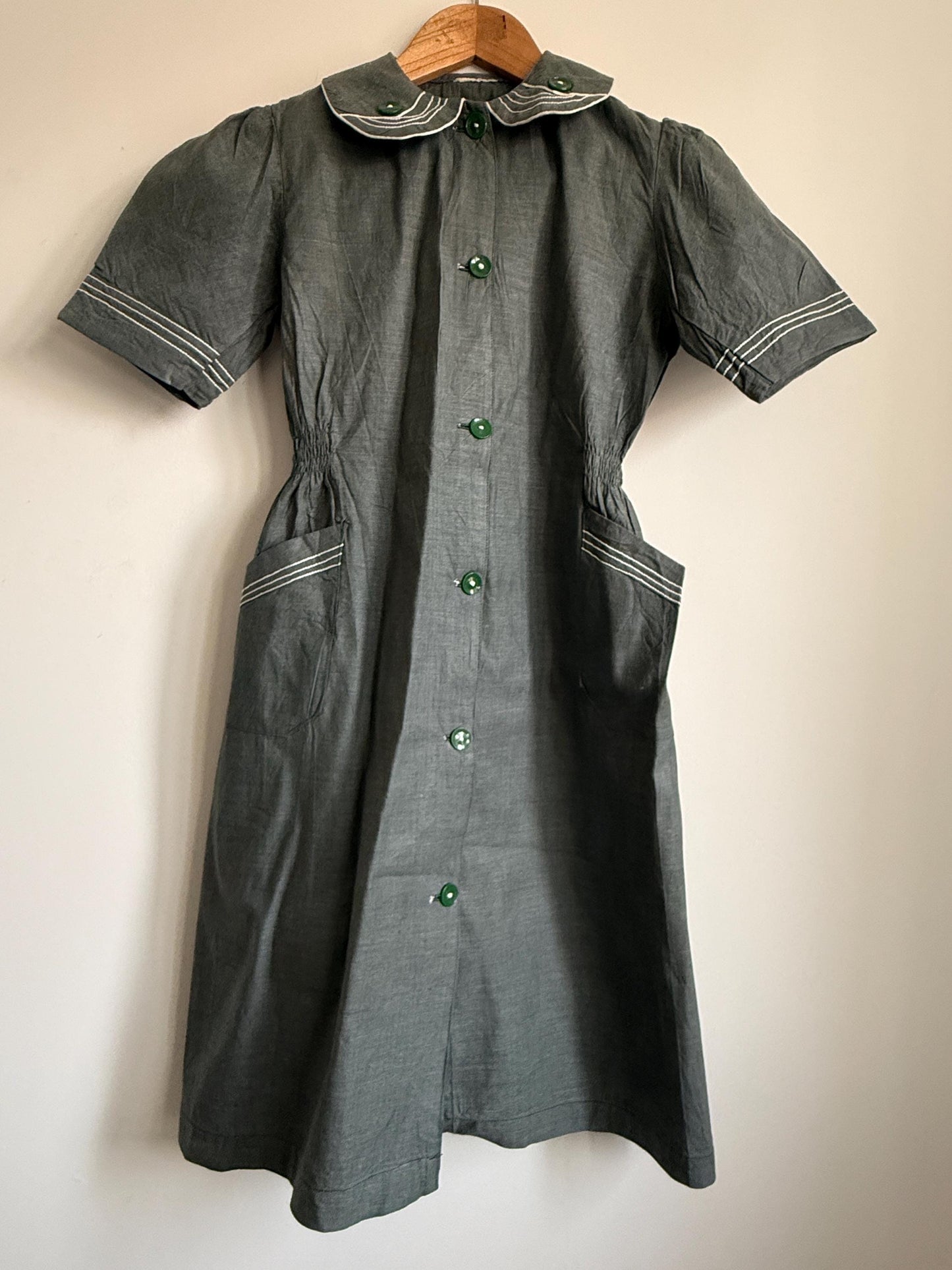 Vintage Grey Linen Blend Shirt Dress UK 10-12 | Peter Pan Collar Dress | 1940s Utility Dress | Cottagecore Dress | Button Front Midi Dress