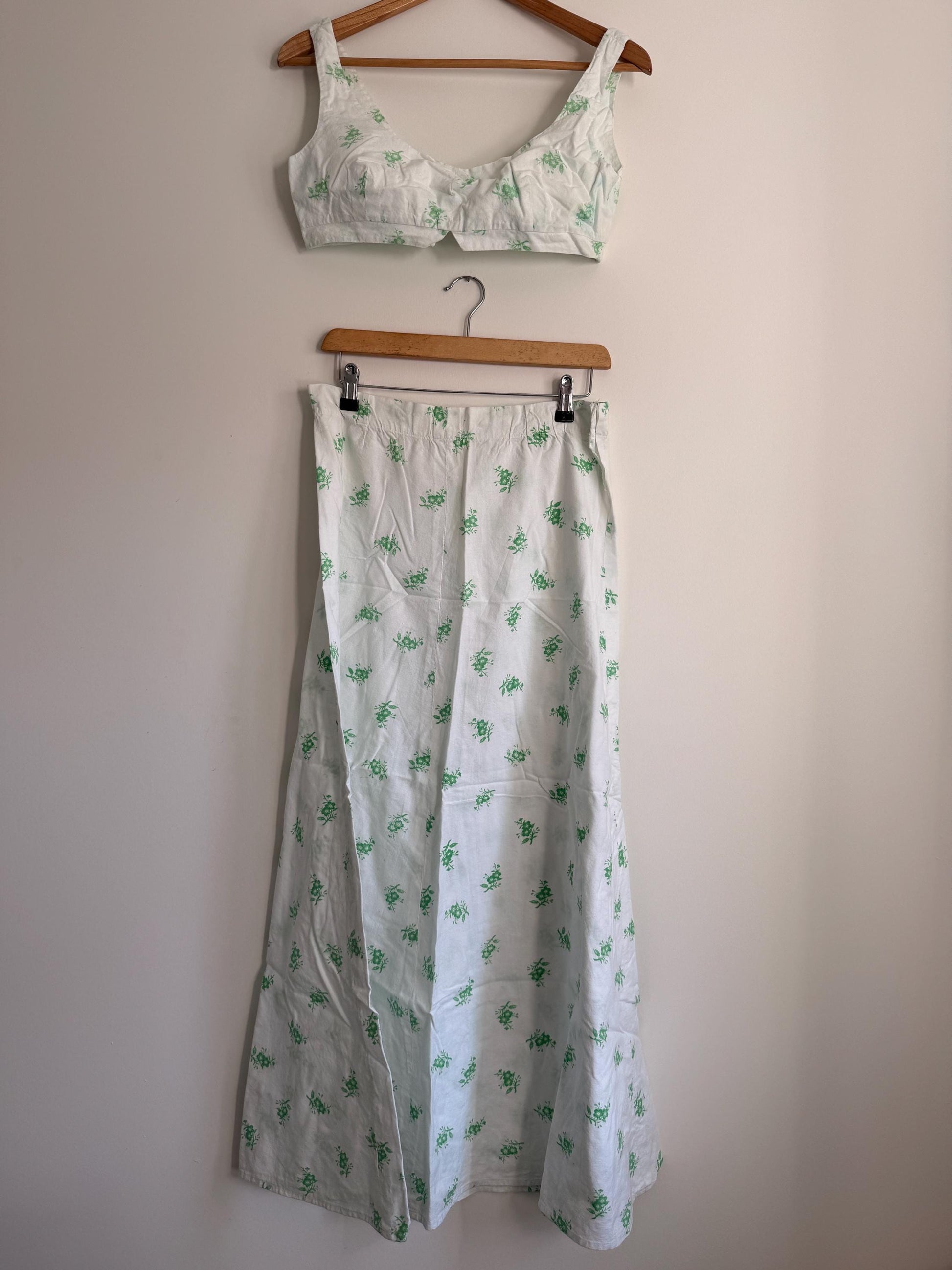 Vintage Liberty Fabric Two Piece Set | 1970s Floral Crop Top & Maxi Skirt | White Green Co-Ord | Cottagecore Summer Outfit | Boho Vintage