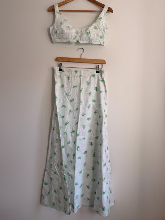 Vintage Liberty Fabric Two Piece Set | 1970s Floral Crop Top & Maxi Skirt | White Green Co-Ord | Cottagecore Summer Outfit | Boho Vintage
